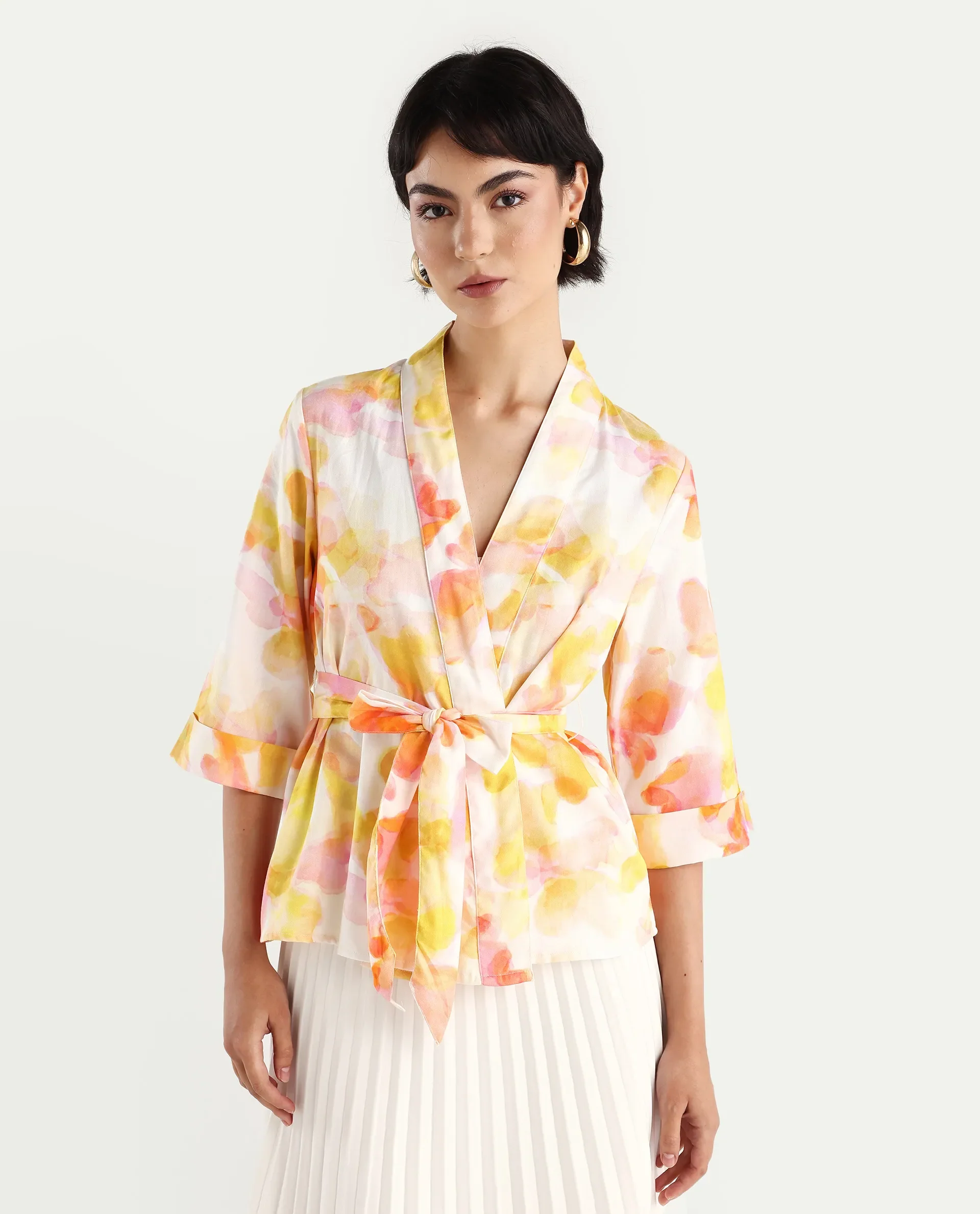 Rareism Women's Famo Light Multi Cotton Blend Overlap Neck Abstract Print Regular Fit Top - Image 3