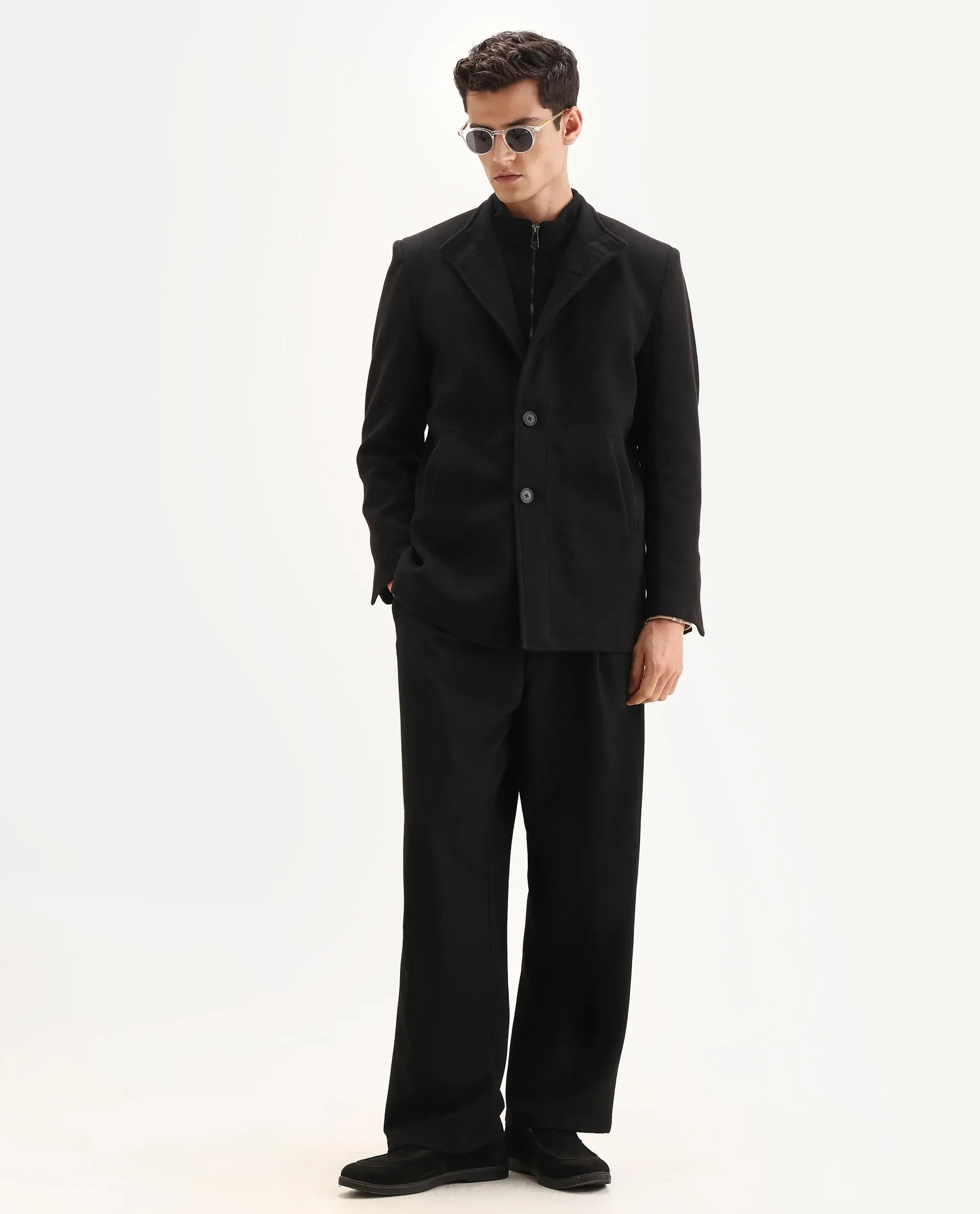 Rare Rabbit Men's Fanzo-25 Black Polyester Blend Fabric High Neck Regular Plain Coat - Image 2