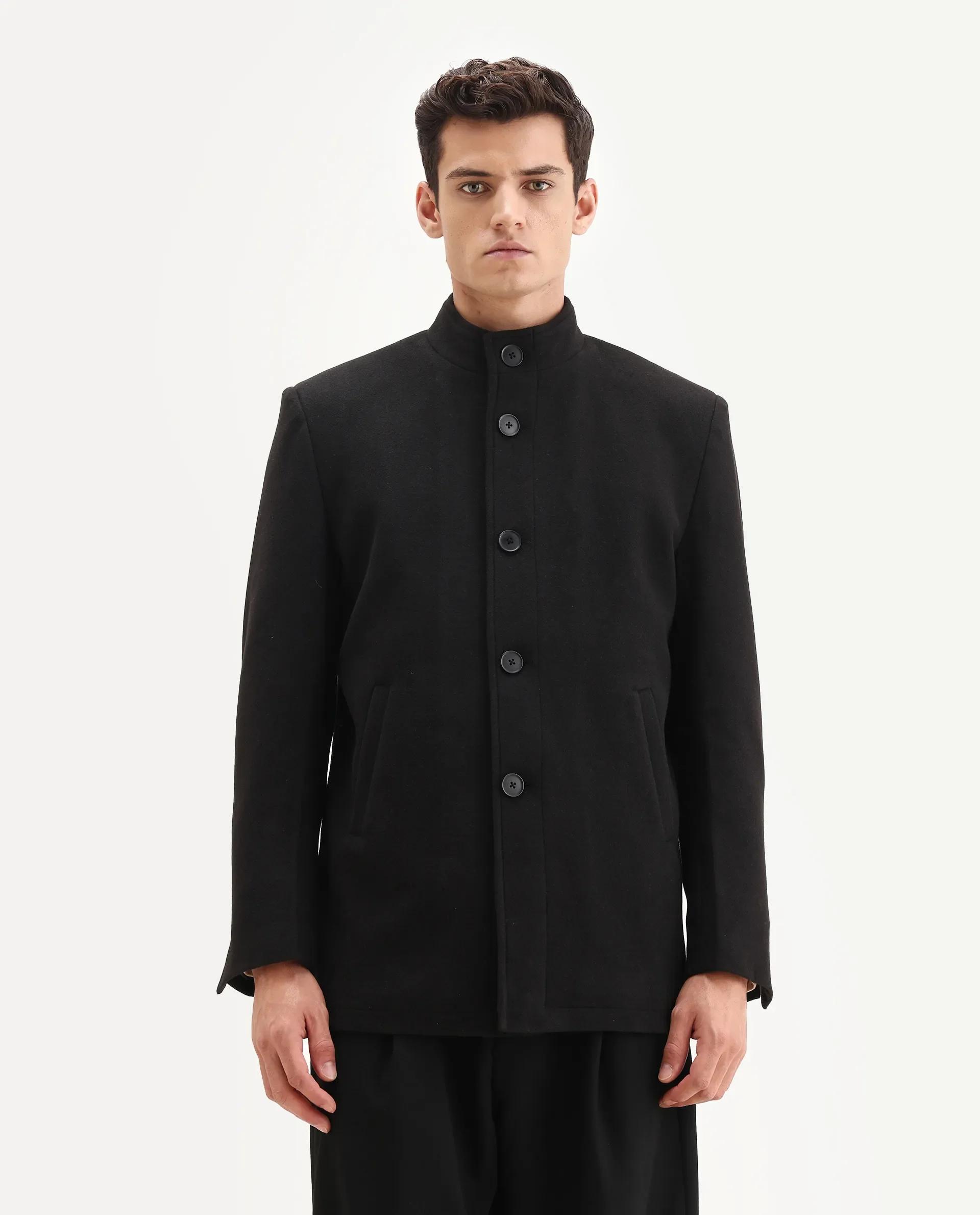 Rare Rabbit Men's Fanzo-25 Black Polyester Blend Fabric High Neck Regular Plain Coat - Image 4