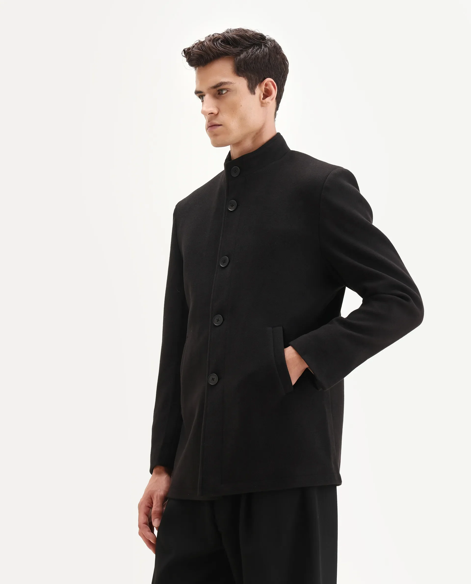 Rare Rabbit Men's Fanzo-25 Black Polyester Blend Fabric High Neck Regular Plain Coat - Image 5