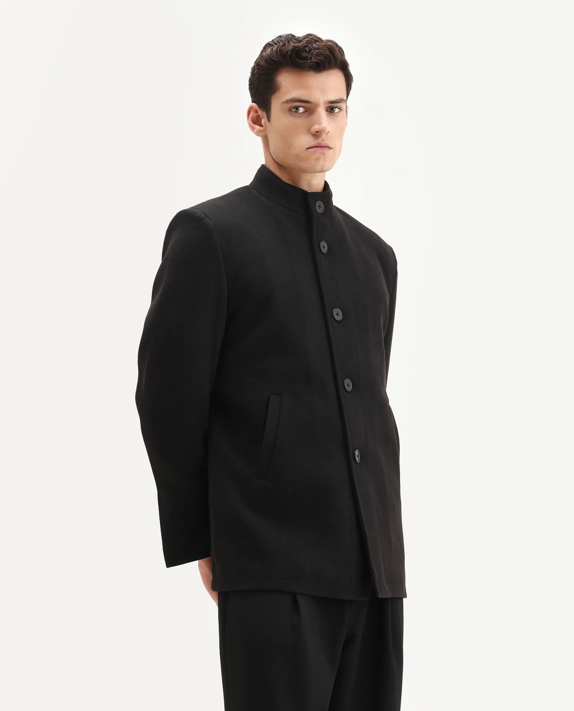 Rare Rabbit Men's Fanzo-25 Black Polyester Blend Fabric High Neck Regular Plain Coat - Image 6