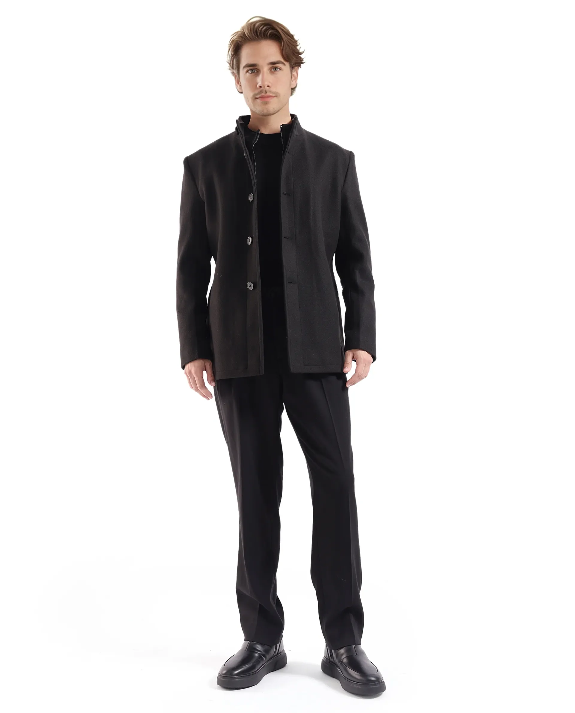 Rare Rabbit Men's Fanzo Black Polyester Plain Relaxed Fit Full Sleeve High Neck Coat - Image 2