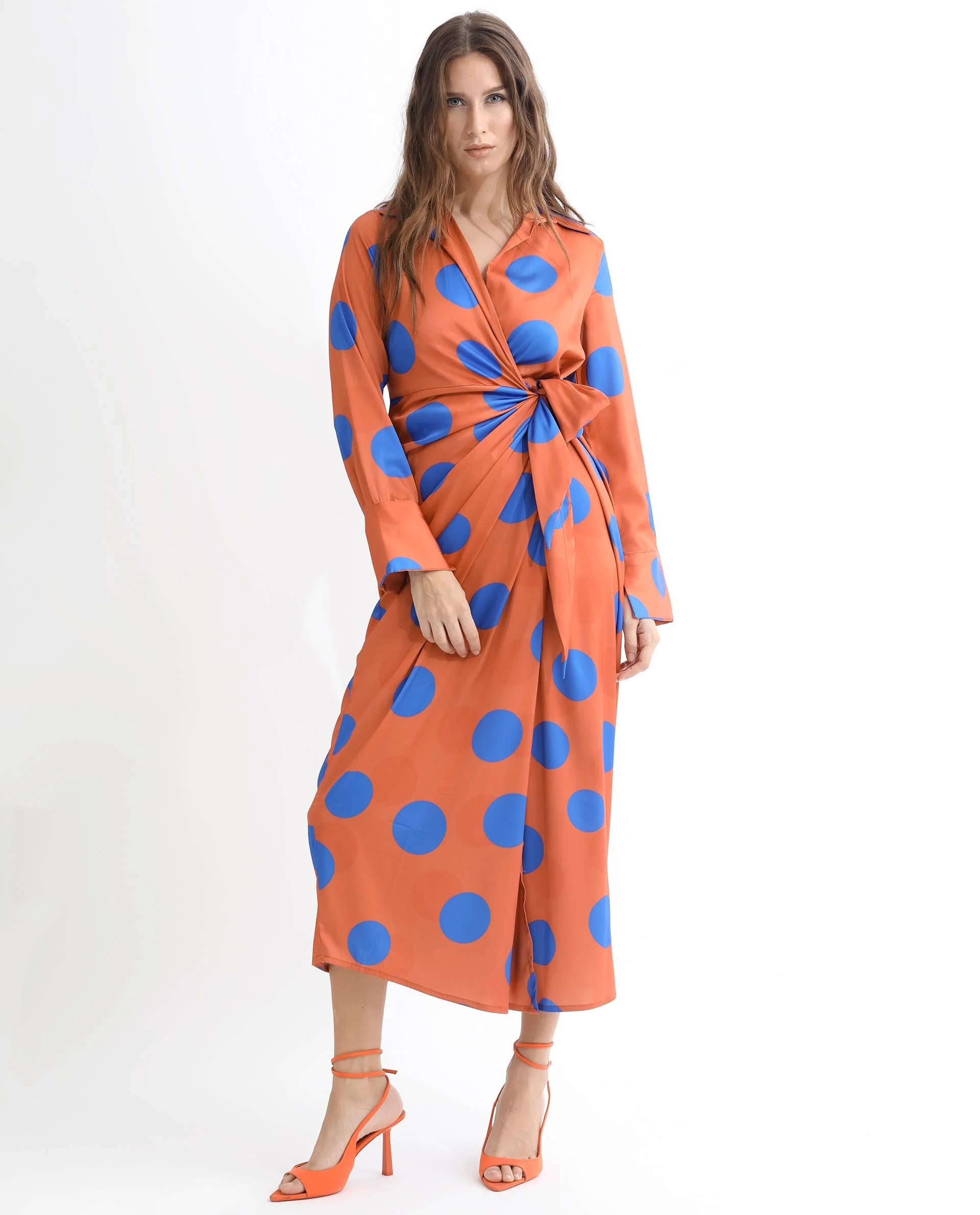 Rareism Women's Farben Dark Orange Polyester Spread Collar Polka Print Maxi Regular Fit Dress
