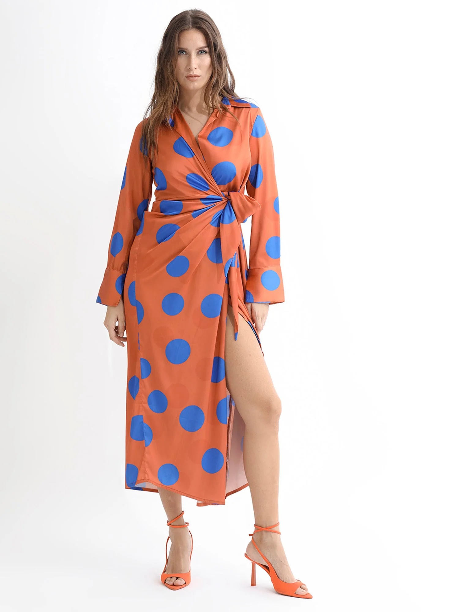 Rareism Women's Farben Dark Orange Polyester Spread Collar Polka Print Maxi Regular Fit Dress - Image 2