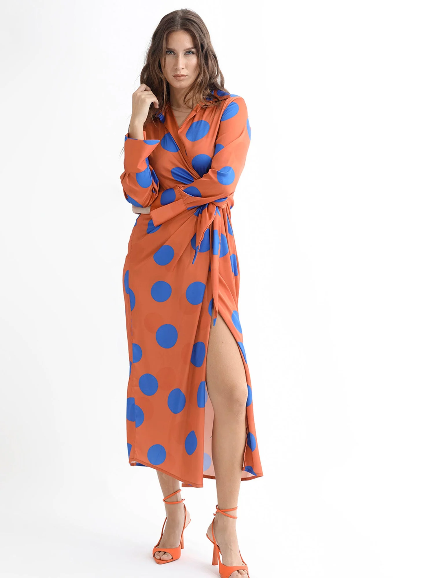 Rareism Women's Farben Dark Orange Polyester Spread Collar Polka Print Maxi Regular Fit Dress - Image 4