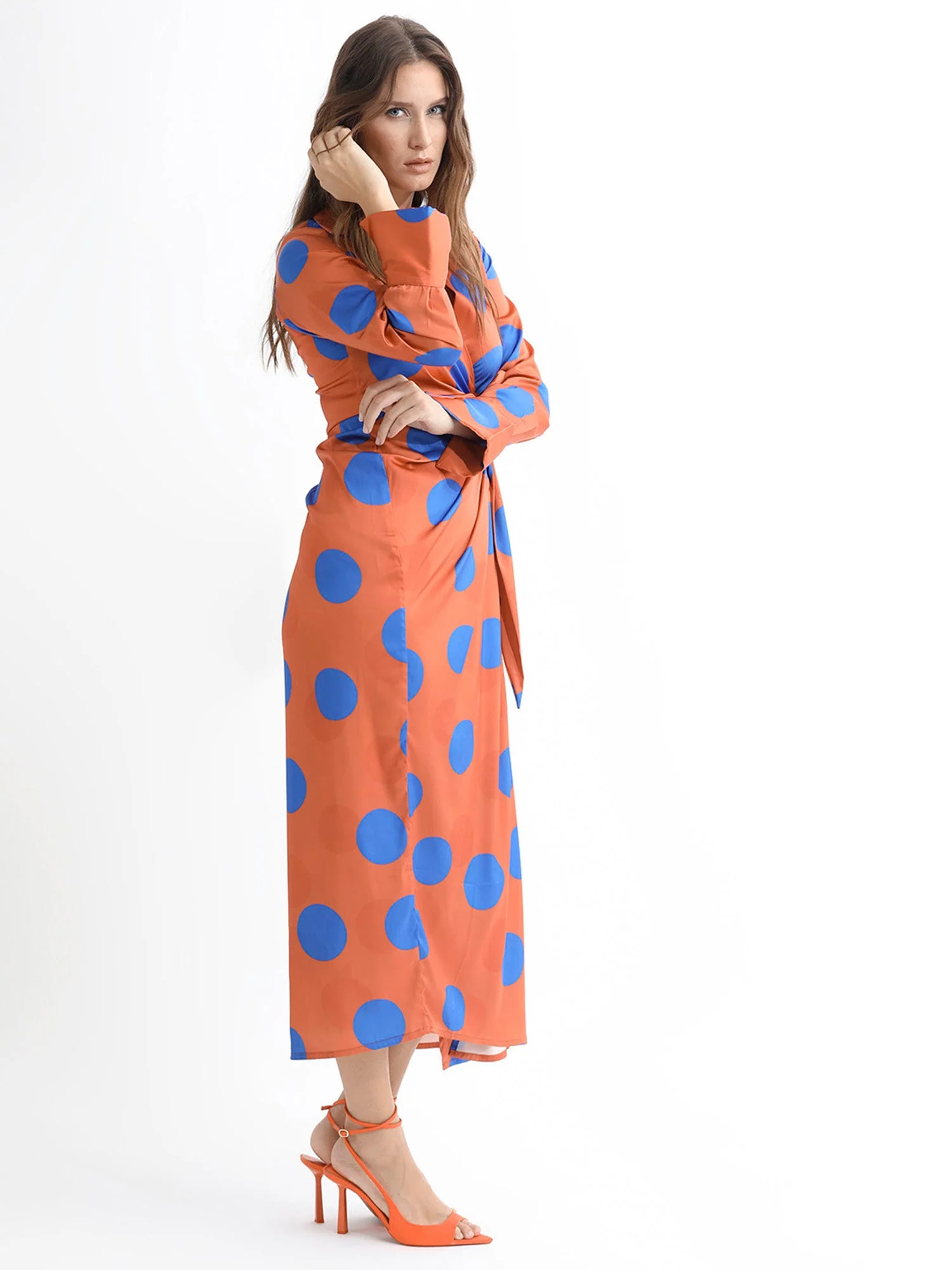 Rareism Women's Farben Dark Orange Polyester Spread Collar Polka Print Maxi Regular Fit Dress - Image 6
