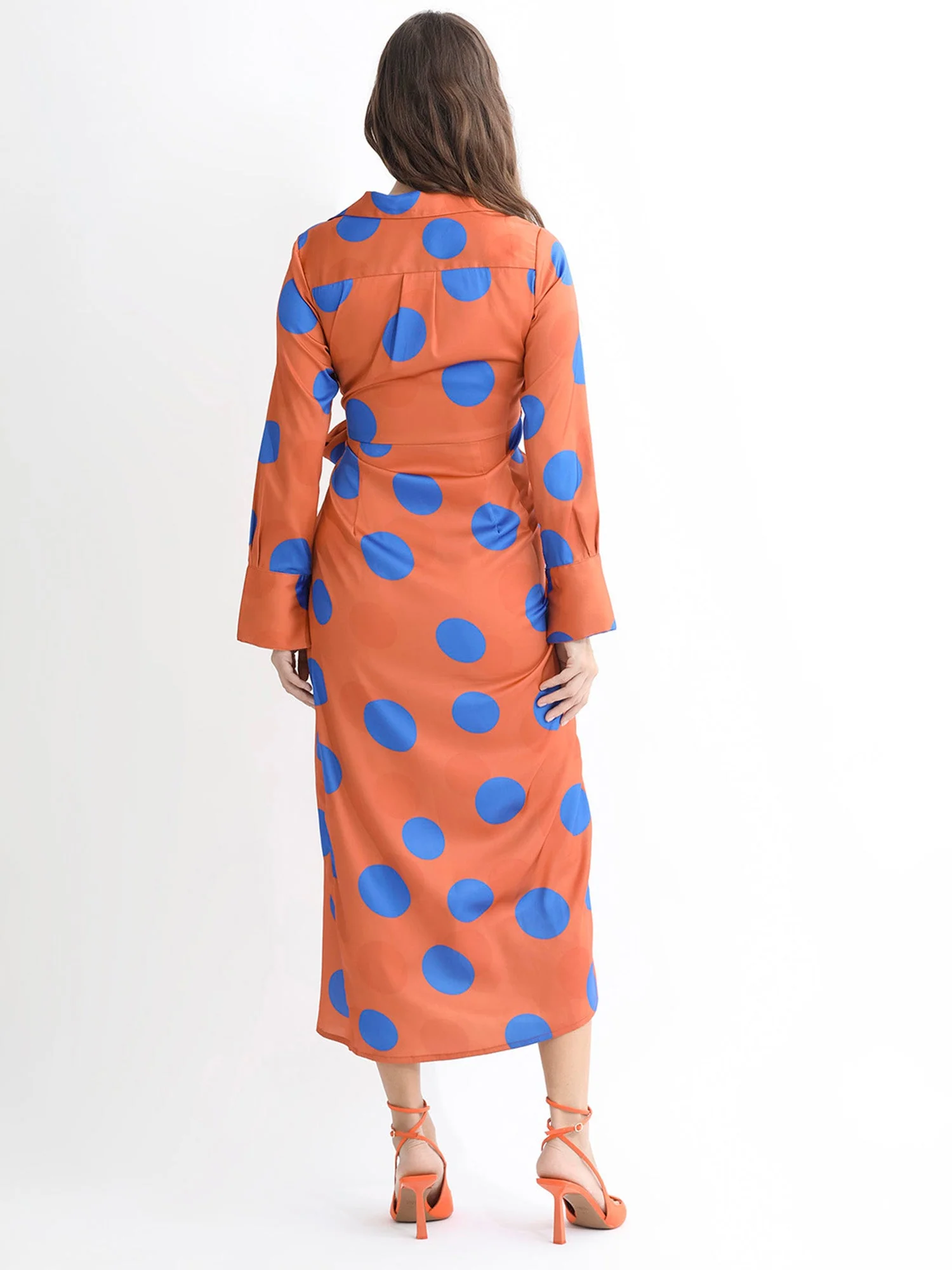 Rareism Women's Farben Dark Orange Polyester Spread Collar Polka Print Maxi Regular Fit Dress - Image 7