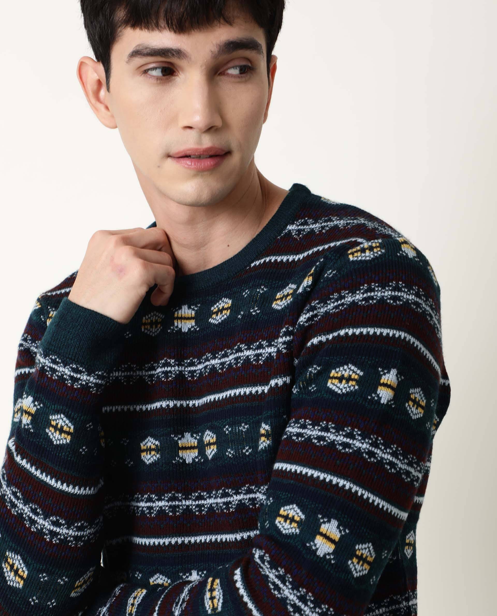 Rare Rabbit Men's Fare Green Textured Slim Fit Full Sleeve Crew Neck Sweater