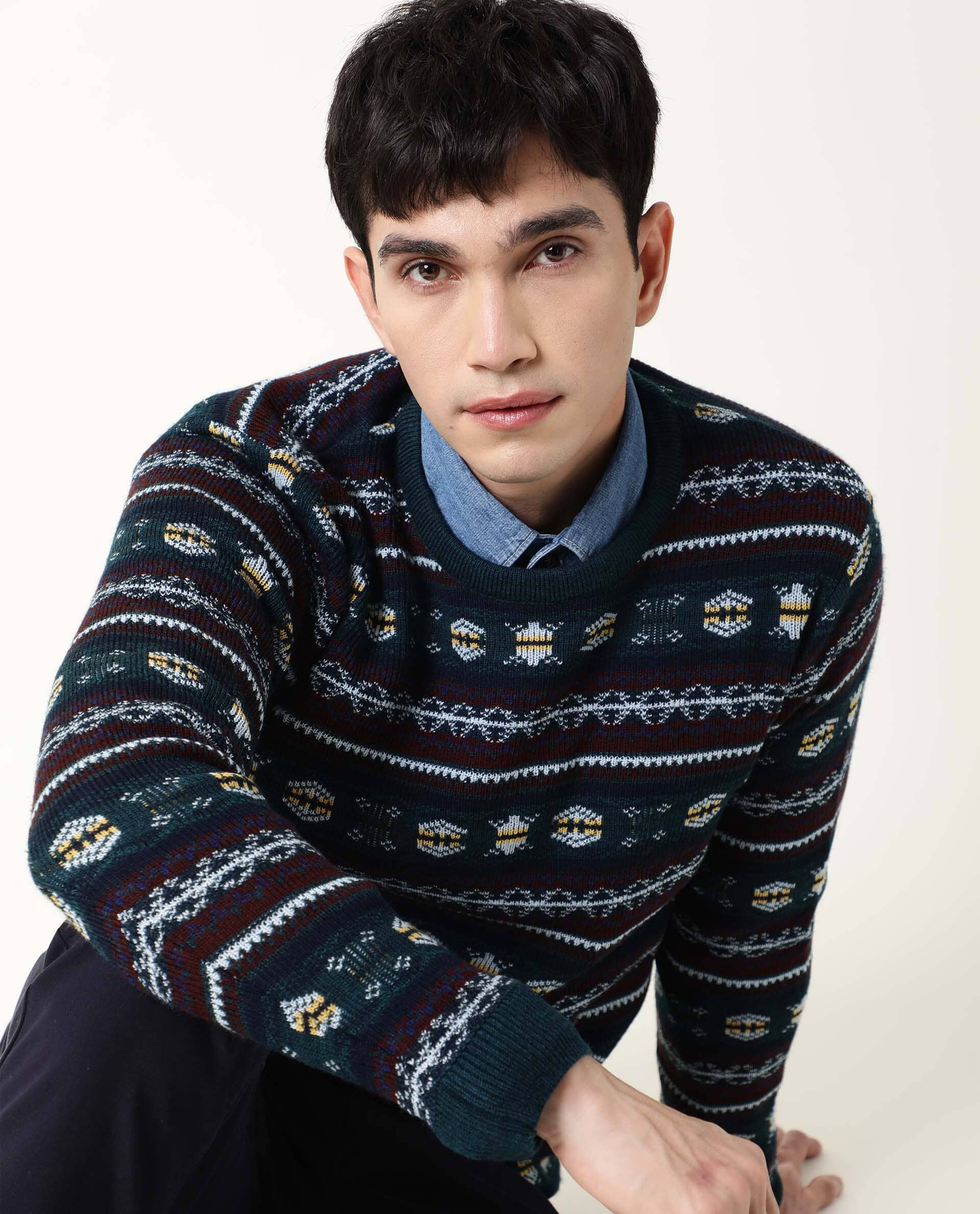 Rare Rabbit Men's Fare Green Textured Slim Fit Full Sleeve Crew Neck Sweater - Image 3