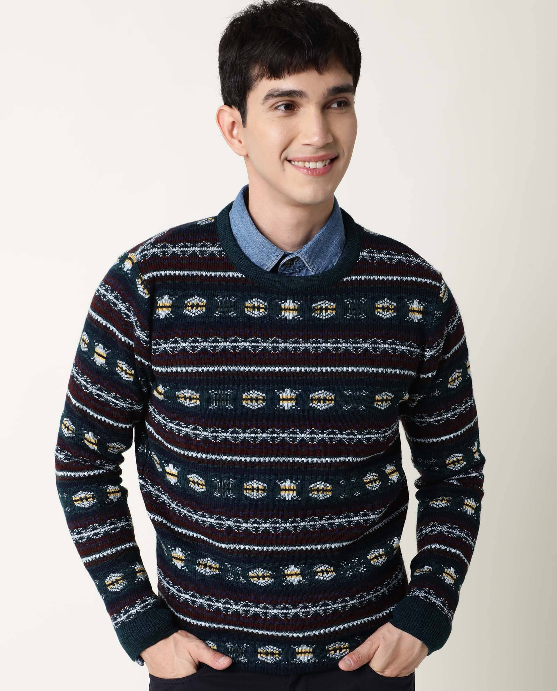 Rare Rabbit Men's Fare Green Textured Slim Fit Full Sleeve Crew Neck Sweater - Image 5