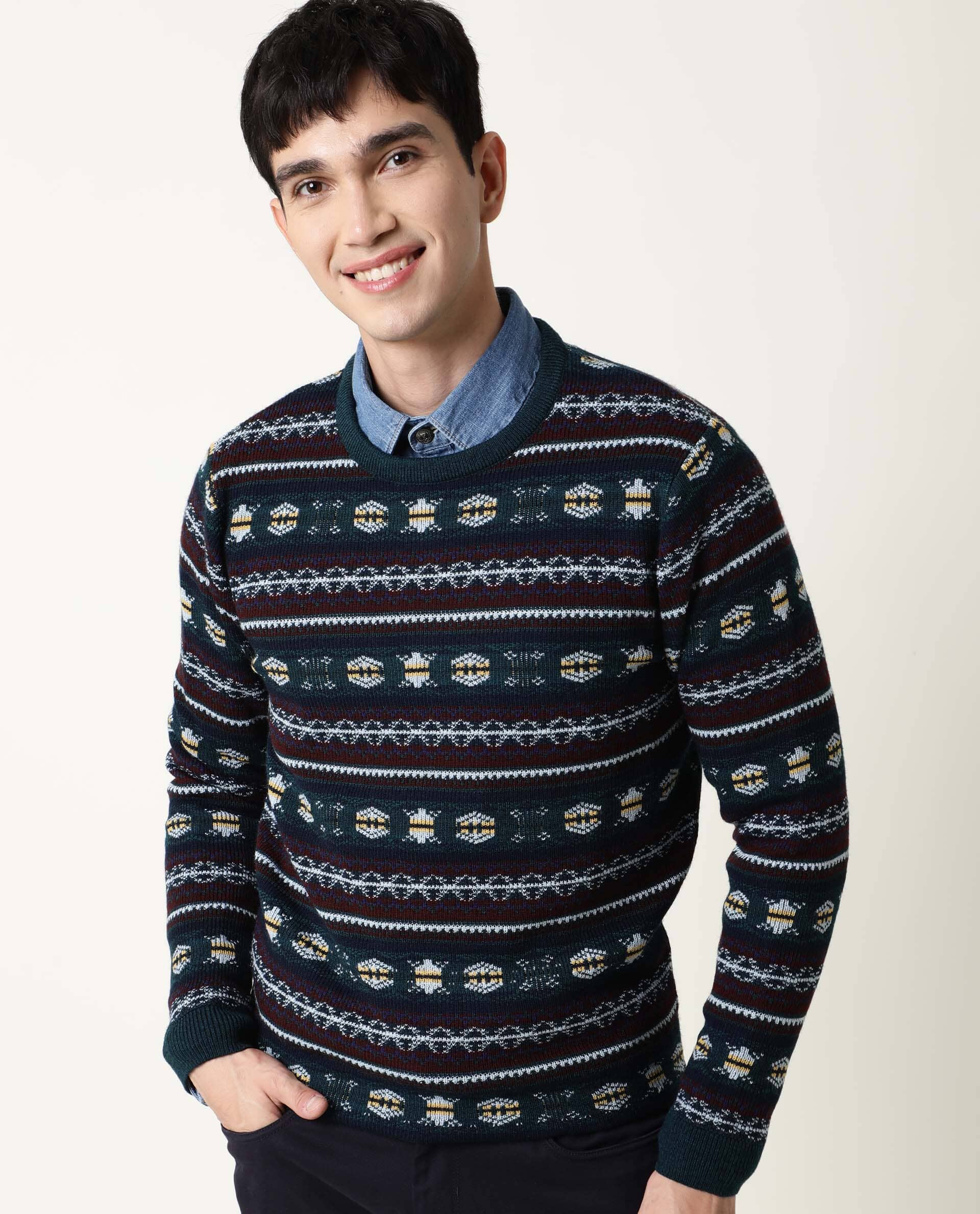 Rare Rabbit Men's Fare Green Textured Slim Fit Full Sleeve Crew Neck Sweater - Image 6