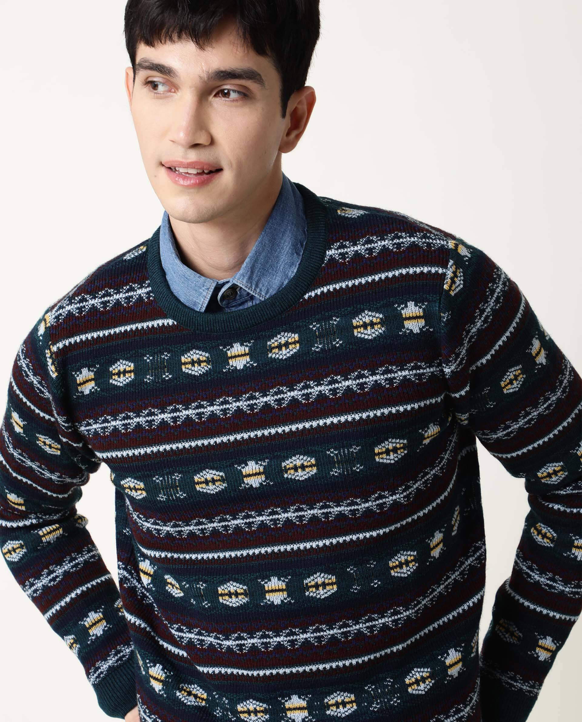 Rare Rabbit Men's Fare Green Textured Slim Fit Full Sleeve Crew Neck Sweater - Image 7