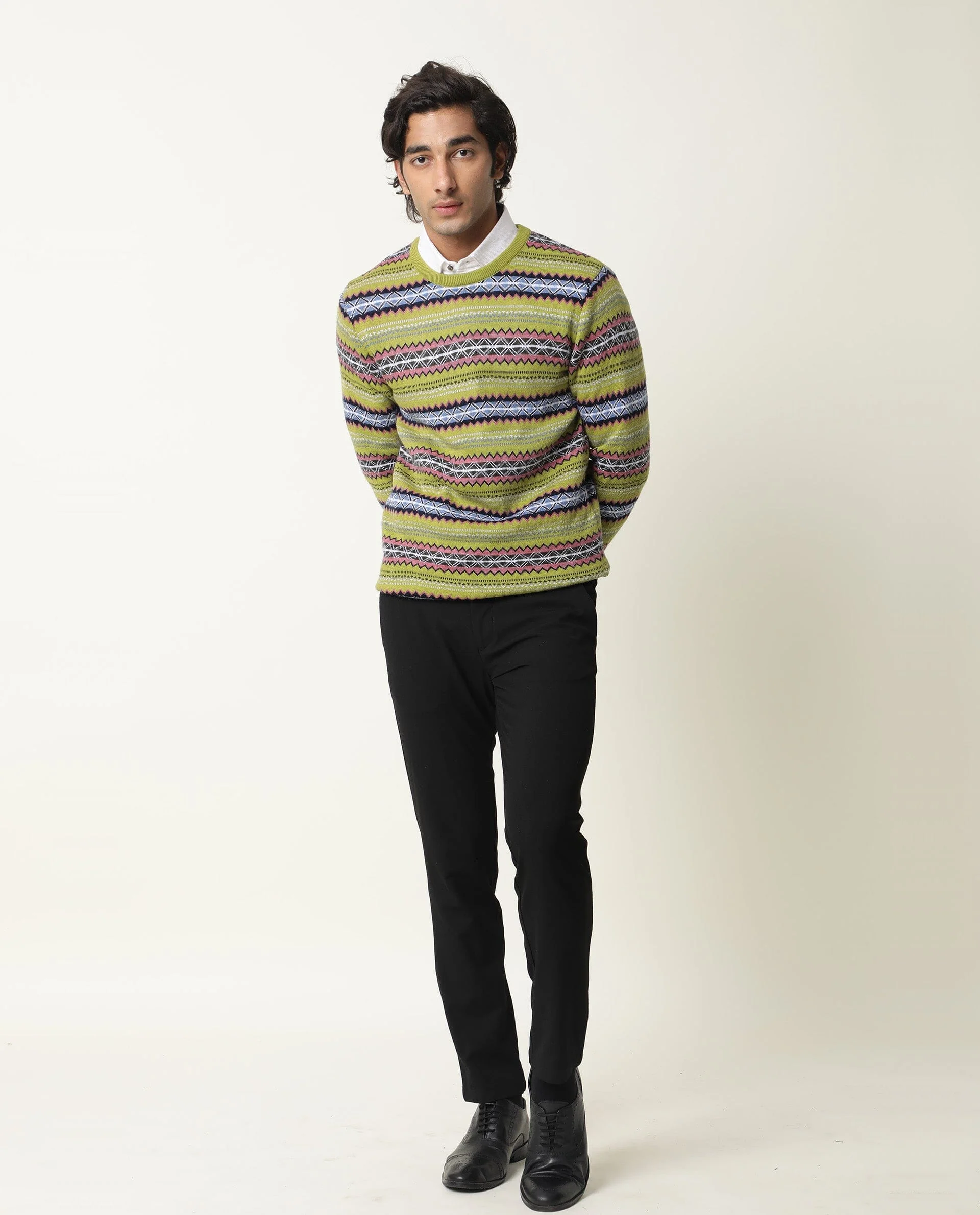 Rare Rabbit Men's Fare Light Green Textured Slim Fit Full Sleeve Crew Neck Sweater - Image 2
