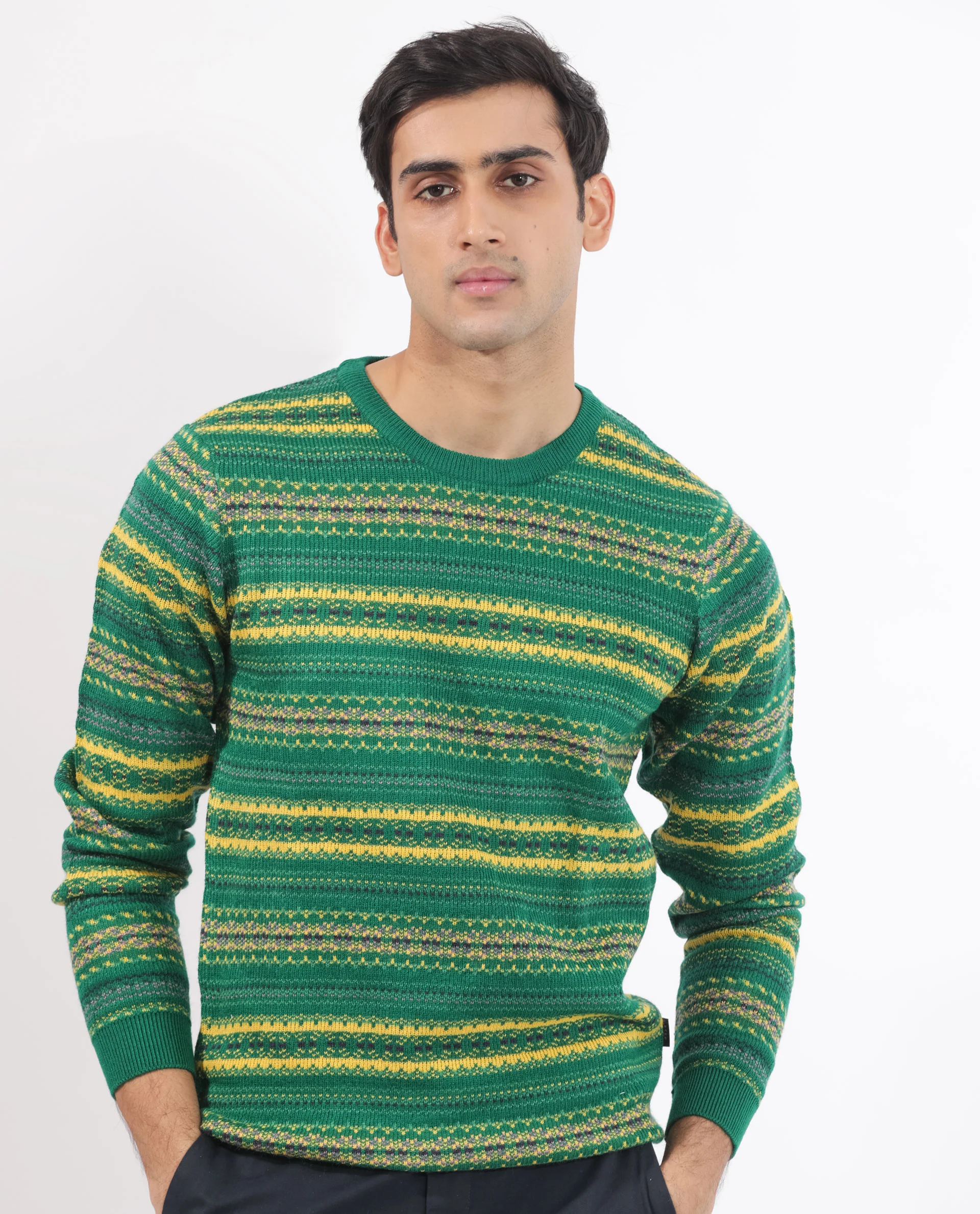 Rare Rabbit Men's Fare Green Acrylic Textured Relaxed Fit Full Sleeve Crew Neck Sweater - Image 4