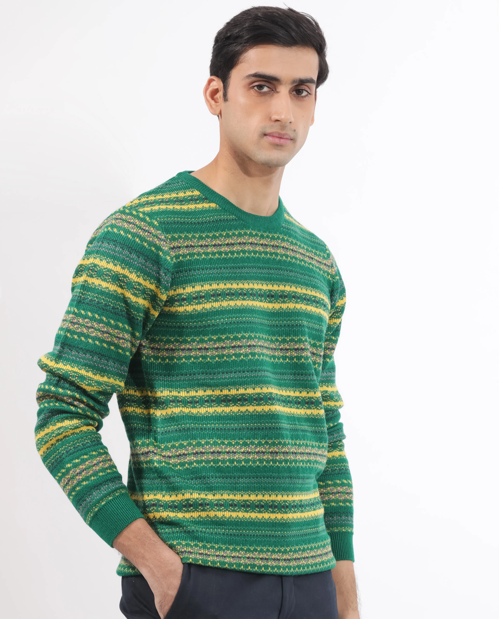 Rare Rabbit Men's Fare Green Acrylic Textured Relaxed Fit Full Sleeve Crew Neck Sweater - Image 5