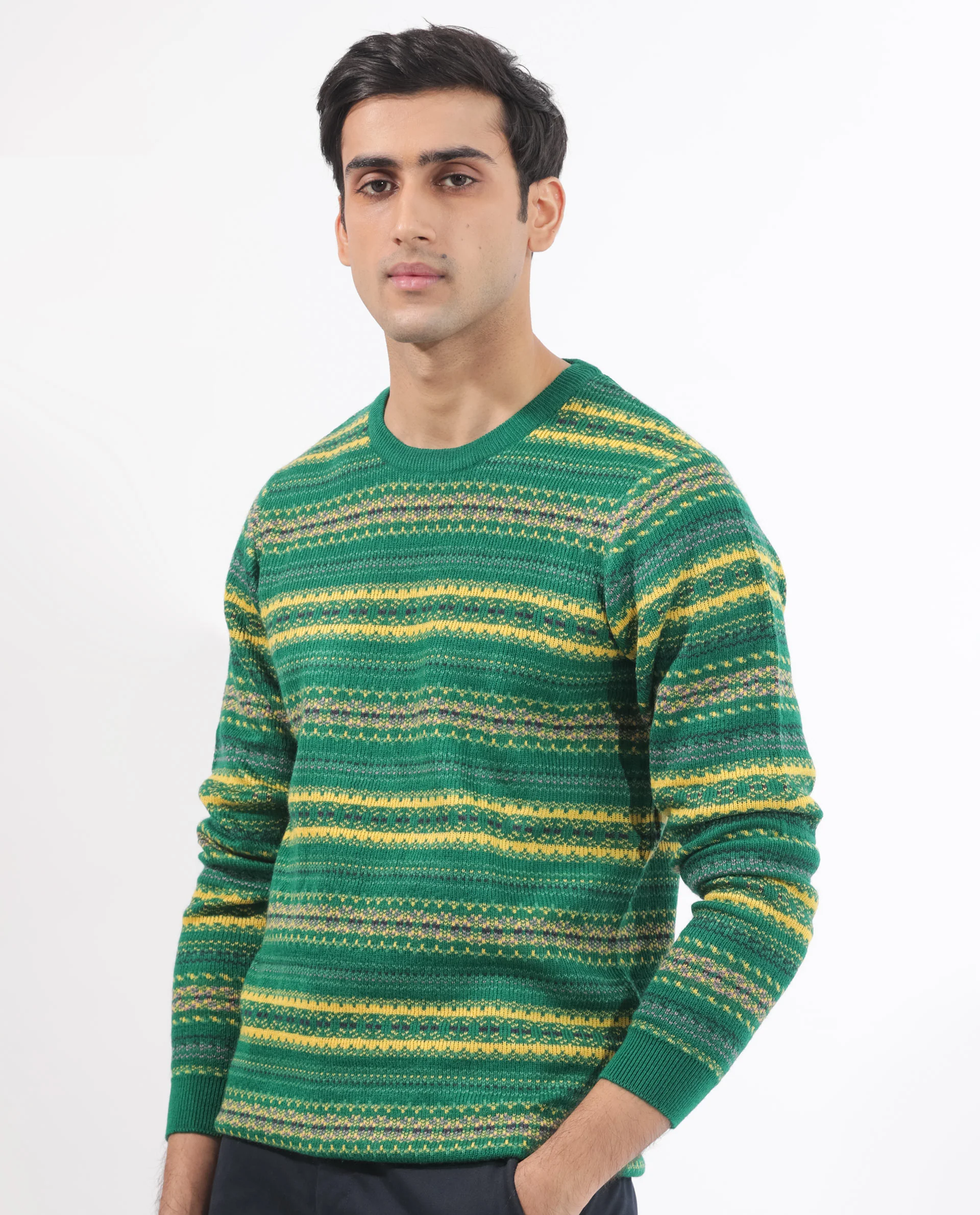 Rare Rabbit Men's Fare Green Acrylic Textured Relaxed Fit Full Sleeve Crew Neck Sweater - Image 6