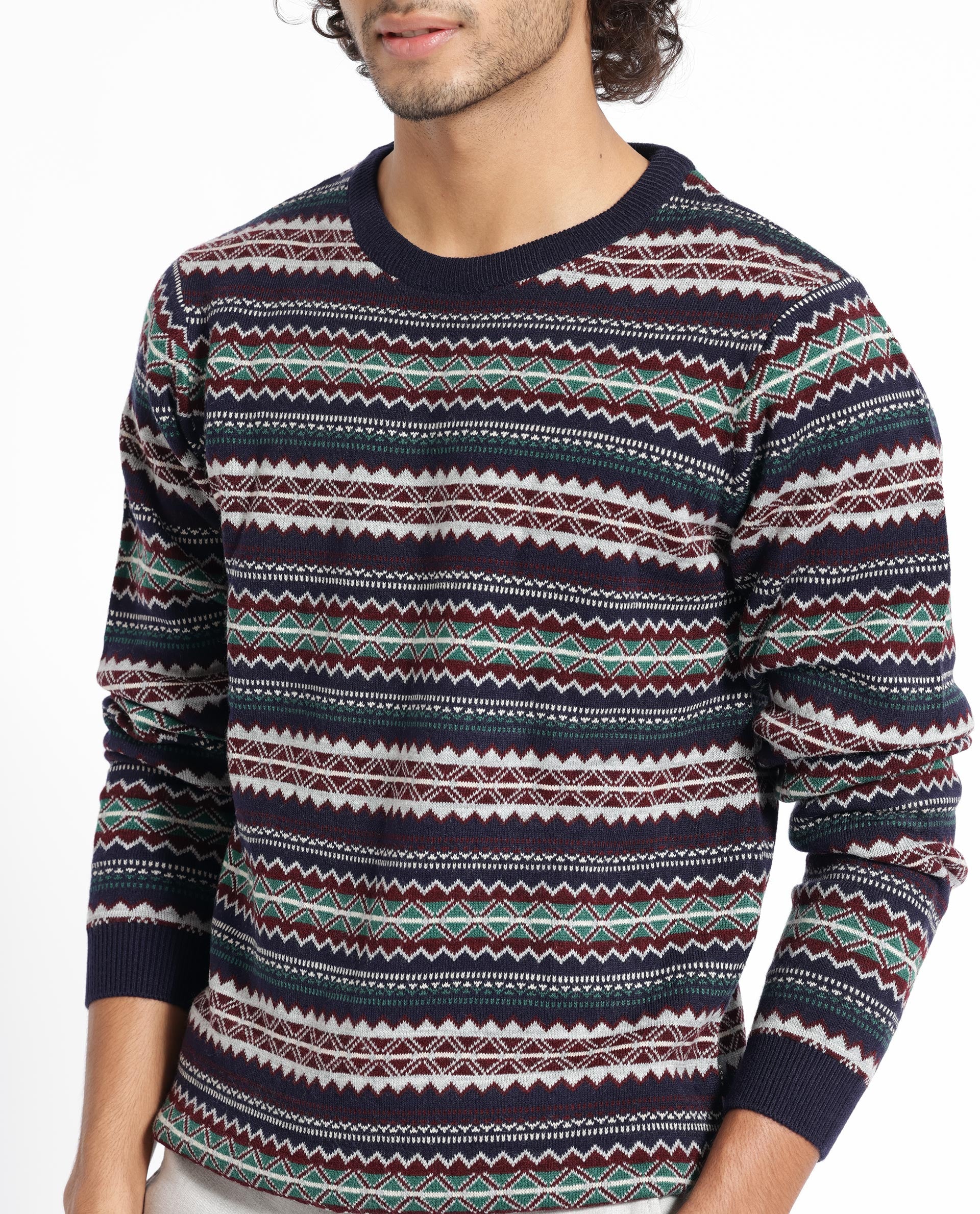 Rare Rabbit Men's Fare Navy Acrylic Textured Relaxed Fit Full Sleeve Crew Neck Sweater - Image 2