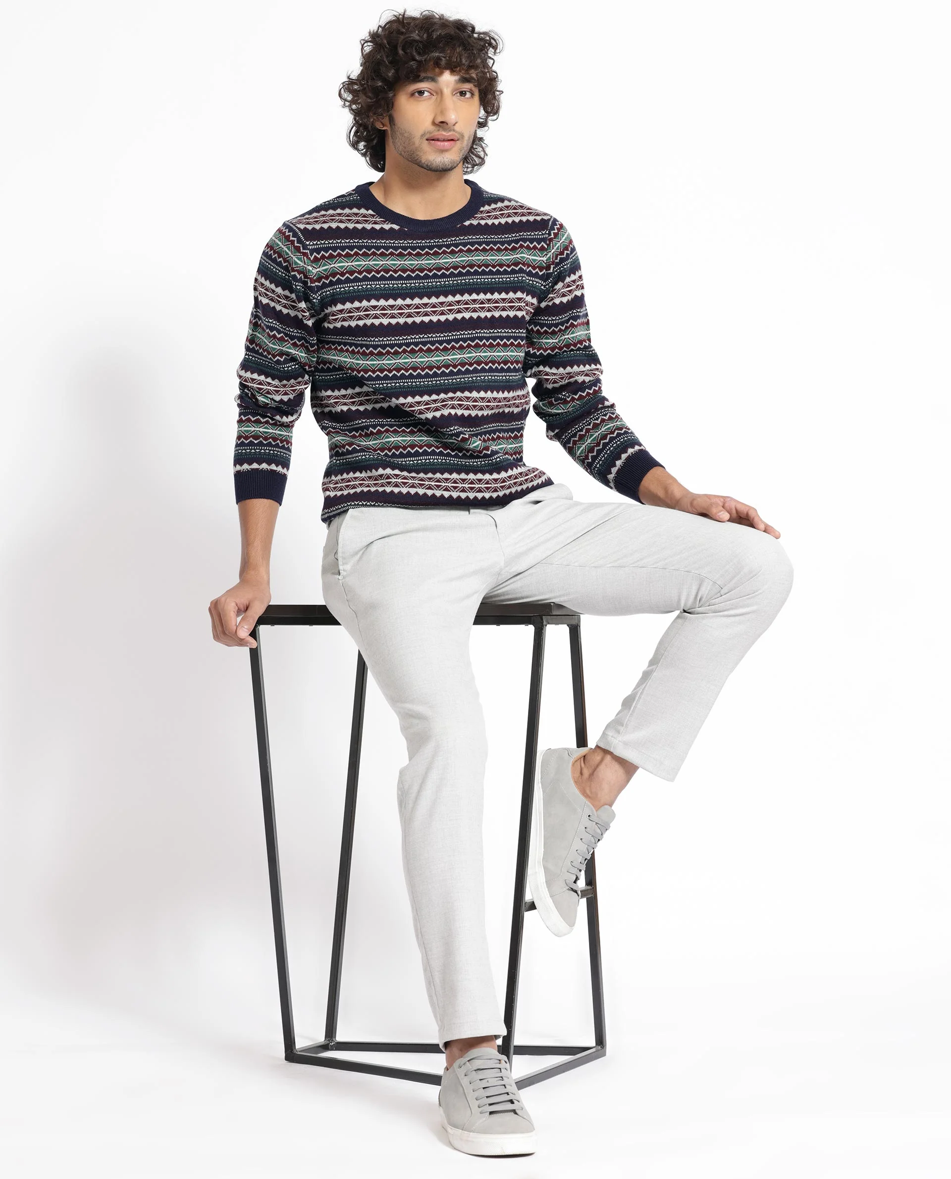 Rare Rabbit Men's Fare Navy Acrylic Textured Relaxed Fit Full Sleeve Crew Neck Sweater - Image 3