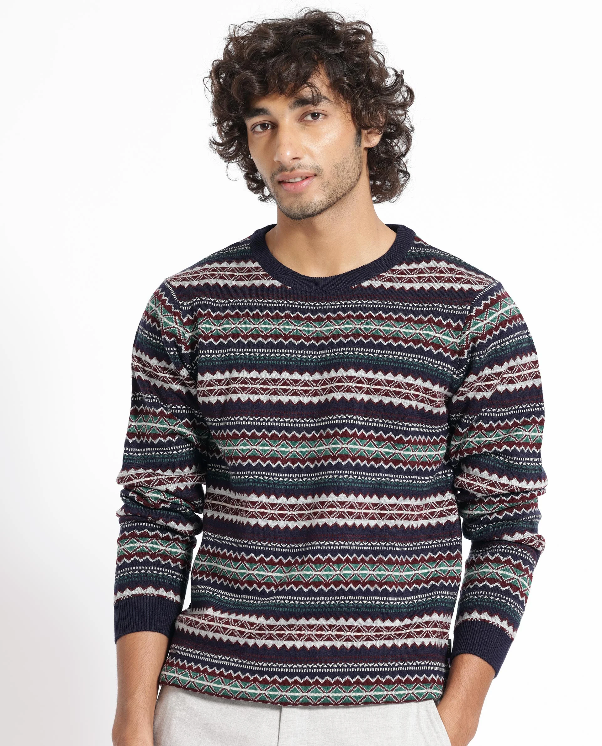 Rare Rabbit Men's Fare Navy Acrylic Textured Relaxed Fit Full Sleeve Crew Neck Sweater - Image 4