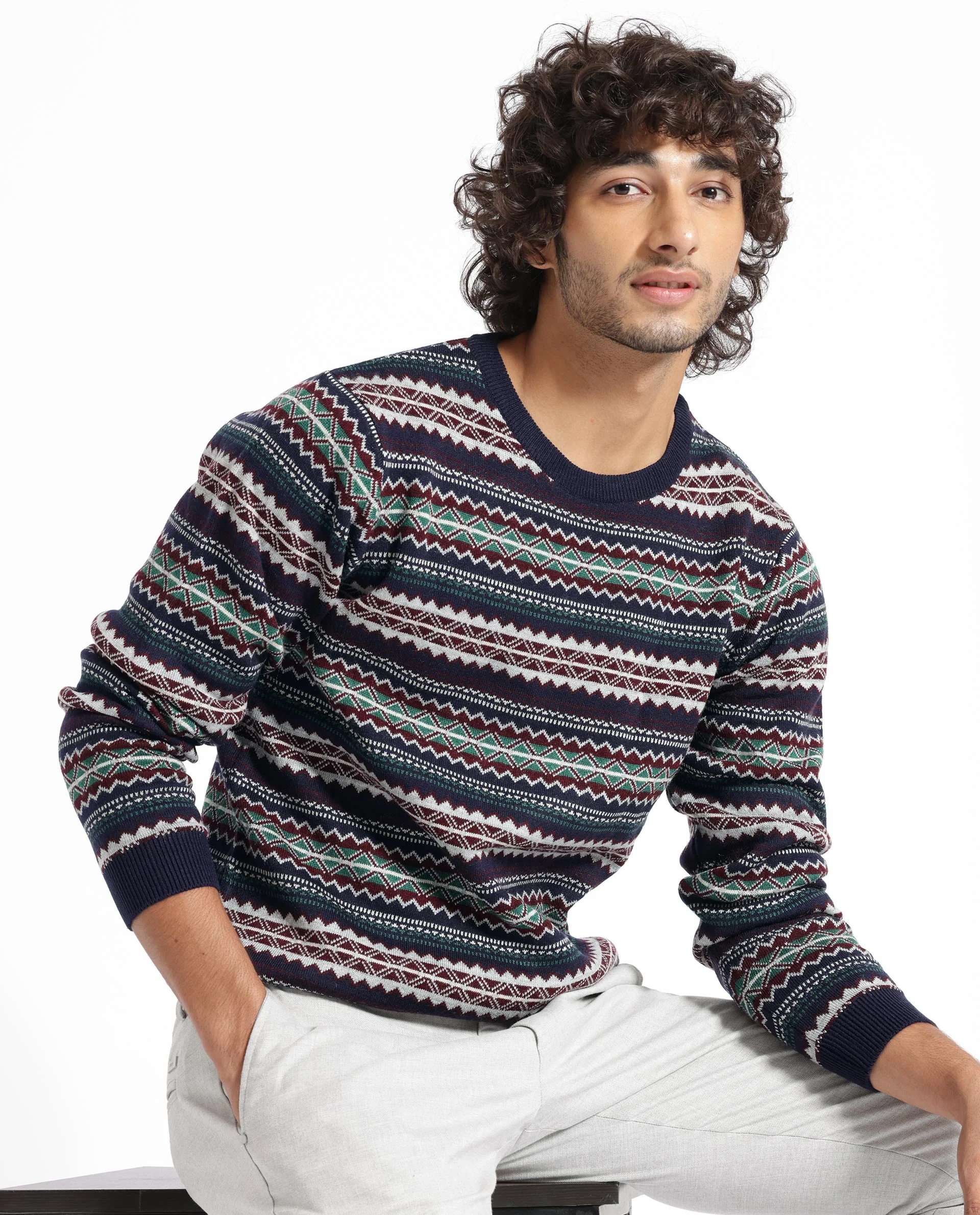 Rare Rabbit Men's Fare Navy Acrylic Textured Relaxed Fit Full Sleeve Crew Neck Sweater - Image 5
