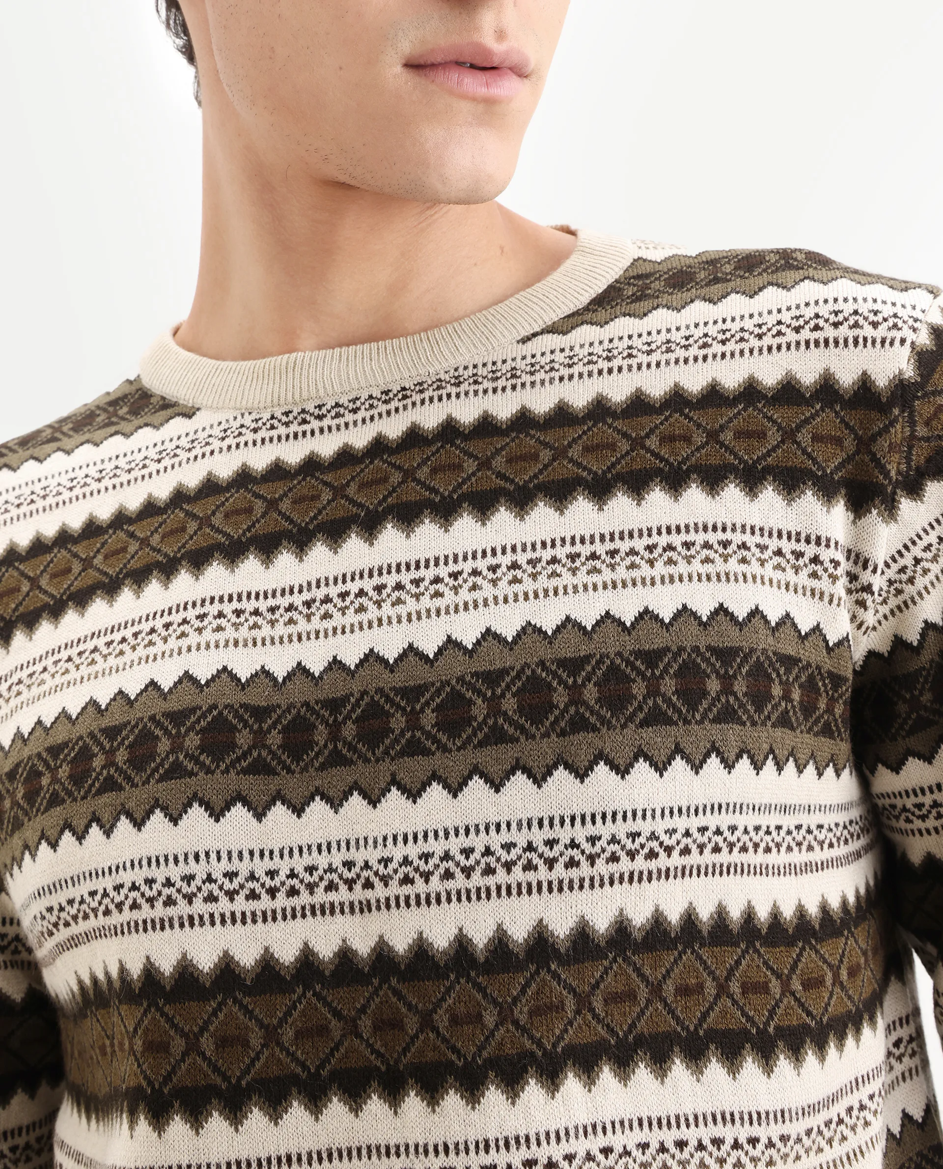 Rare Rabbit Men's Fare Off White Acrylic Textured Relaxed Fit Full Sleeve Crew Neck Sweater - Image 3