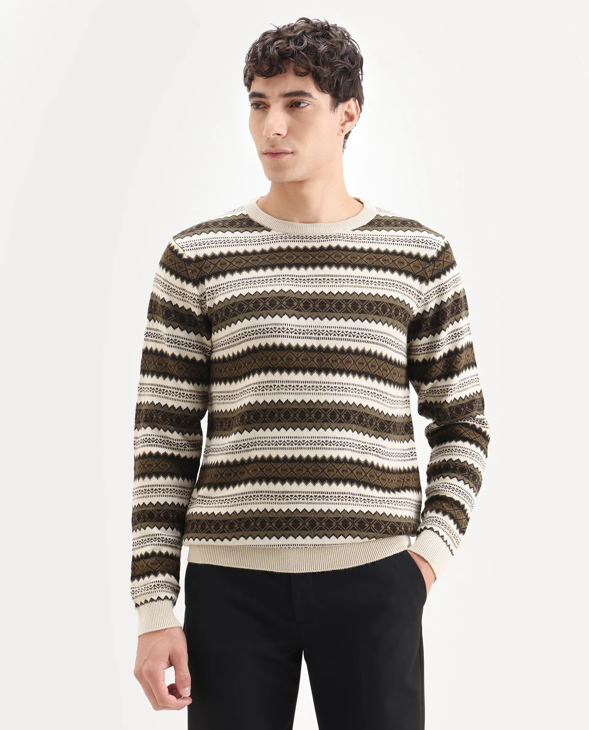 Rare Rabbit Men's Fare Off White Acrylic Textured Relaxed Fit Full Sleeve Crew Neck Sweater - Image 4