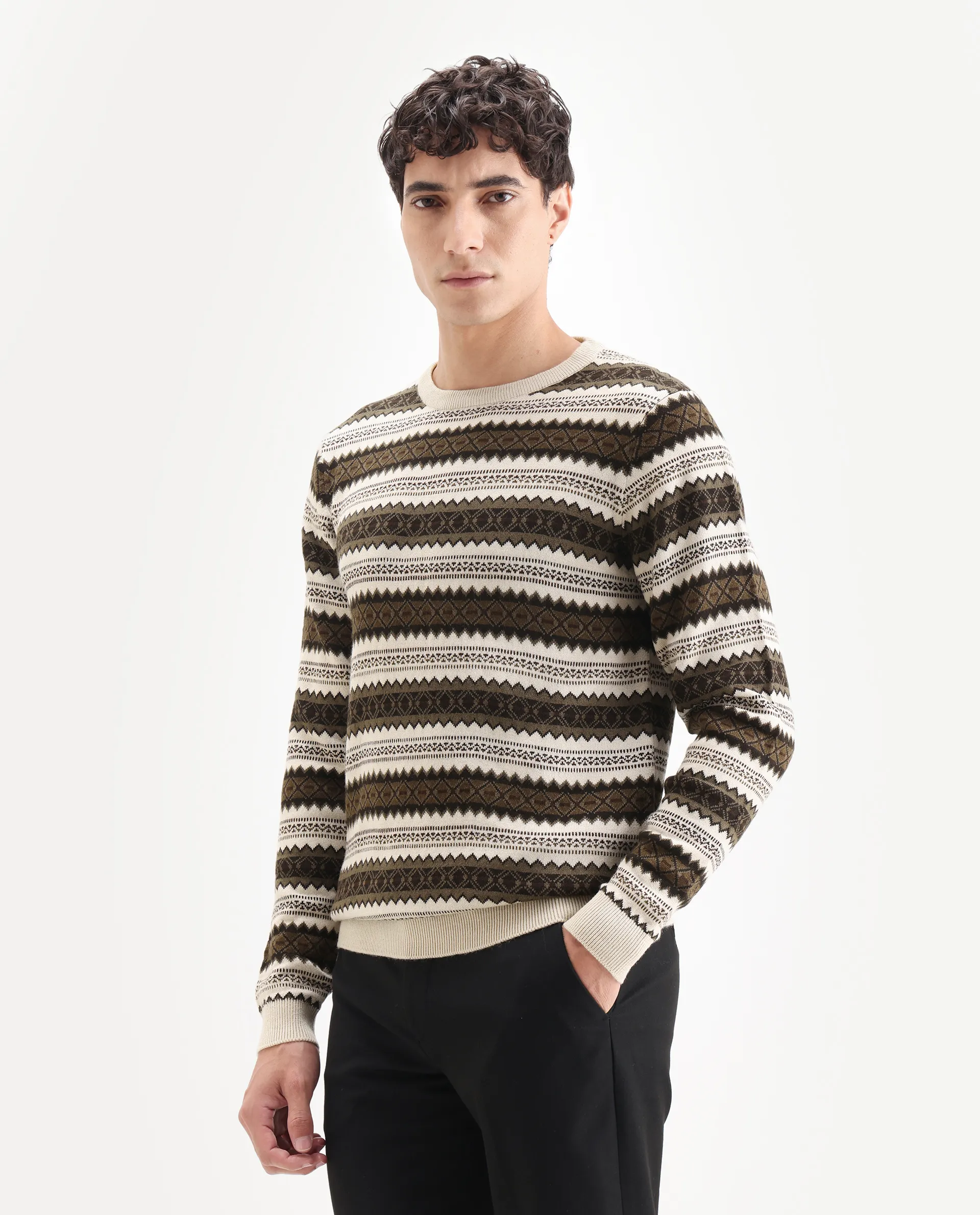 Rare Rabbit Men's Fare Off White Acrylic Textured Relaxed Fit Full Sleeve Crew Neck Sweater - Image 5