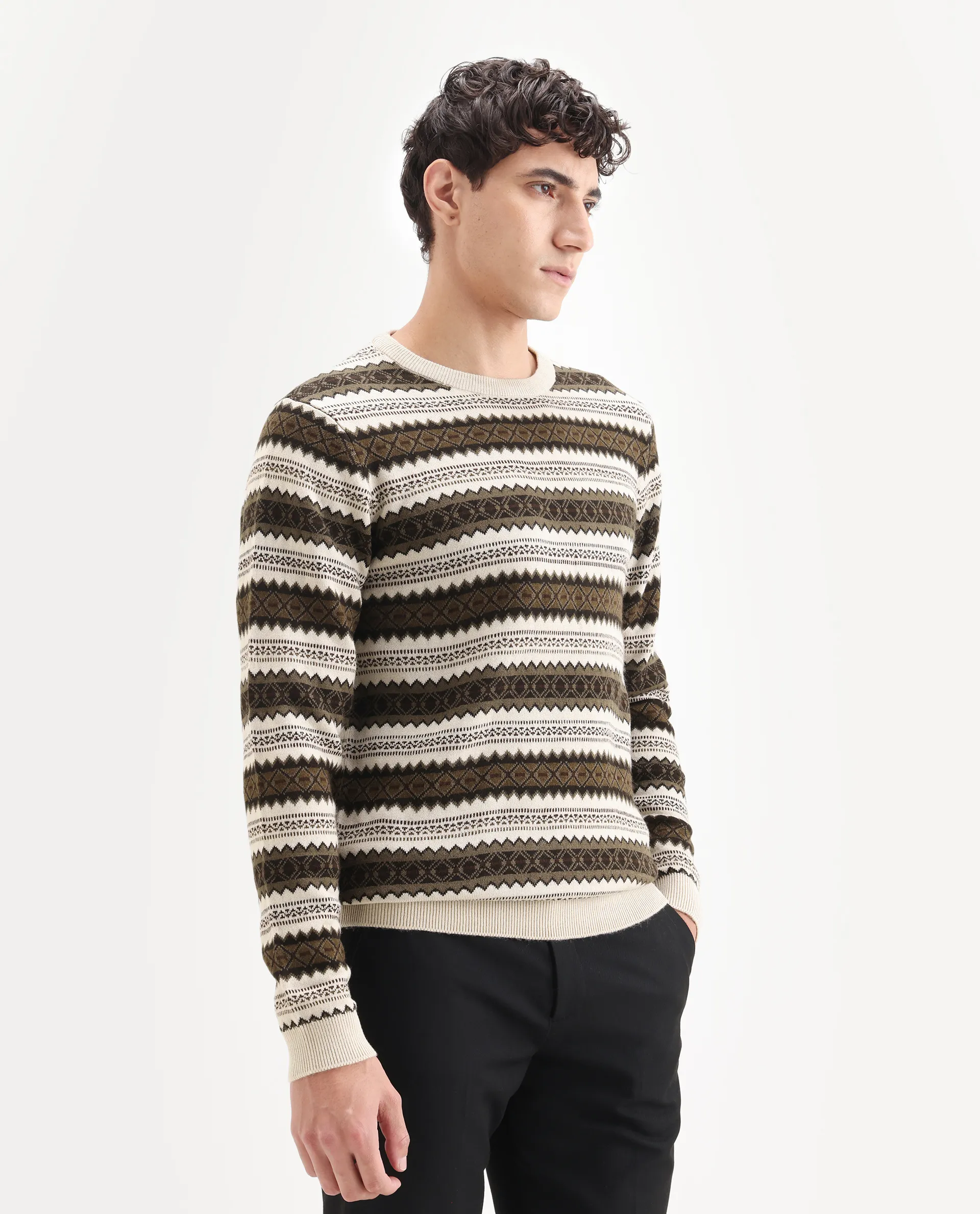 Rare Rabbit Men's Fare Off White Acrylic Textured Relaxed Fit Full Sleeve Crew Neck Sweater - Image 6