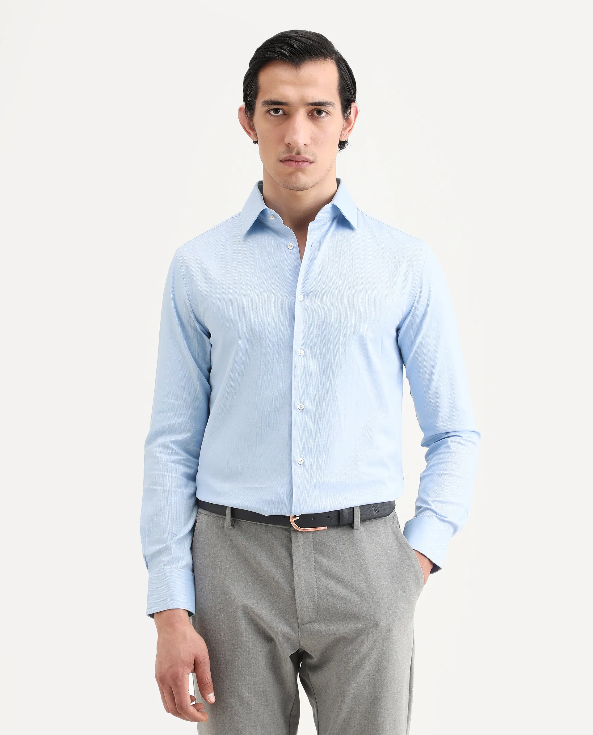 Rare Rabbit Men's Fargo Blue Plain Regular Fit Full Sleeve Collared Shirt - Image 3