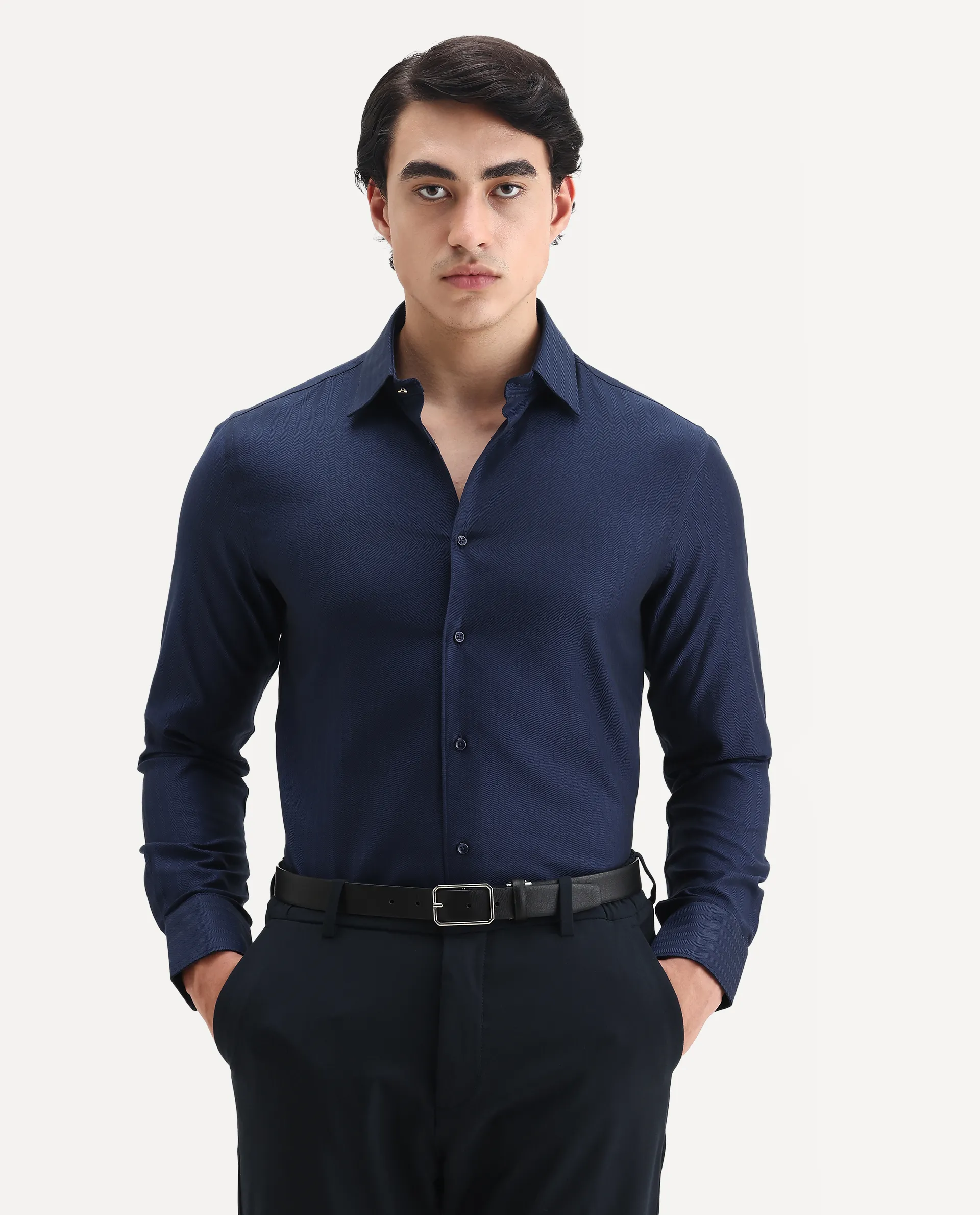 Rare Rabbit Men's Fargo Dark Navy Cotton Plain Regular Fit Full Sleeve Collared Shirt
