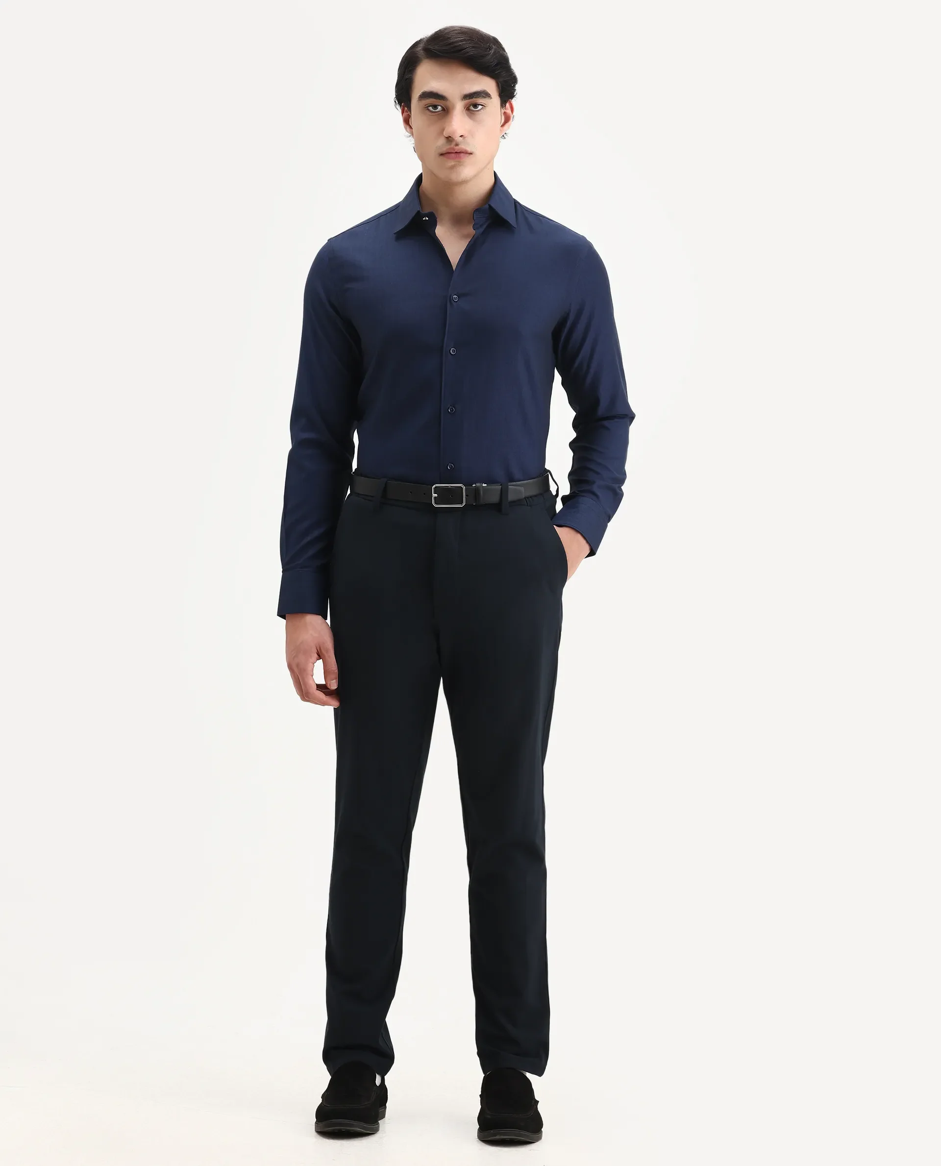 Rare Rabbit Men's Fargo Dark Navy Cotton Plain Regular Fit Full Sleeve Collared Shirt - Image 2