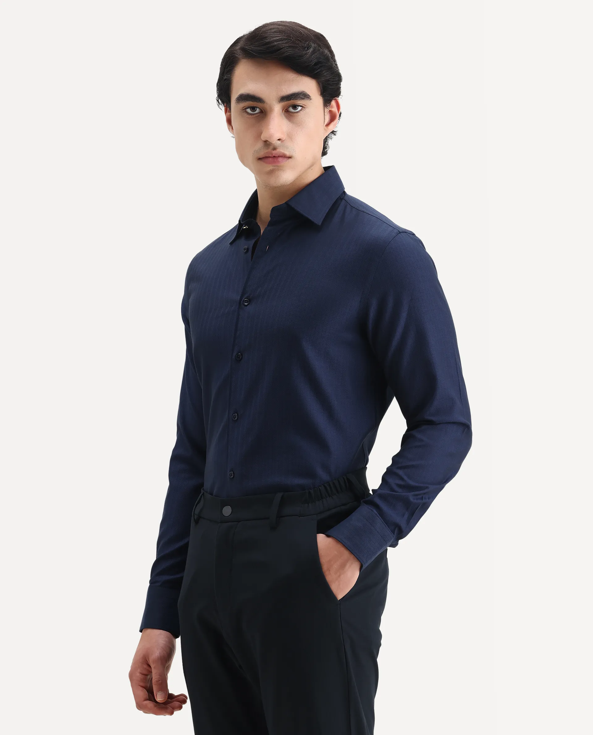Rare Rabbit Men's Fargo Dark Navy Cotton Plain Regular Fit Full Sleeve Collared Shirt - Image 4