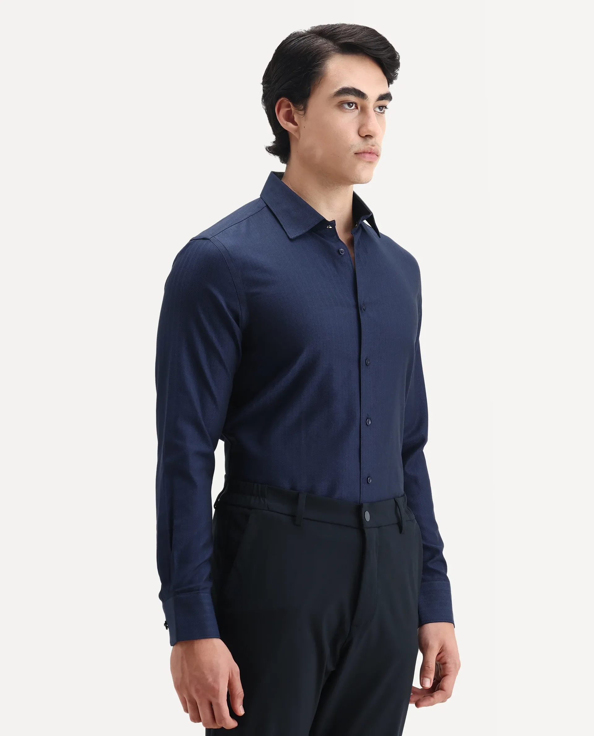 Rare Rabbit Men's Fargo Dark Navy Cotton Plain Regular Fit Full Sleeve Collared Shirt - Image 5