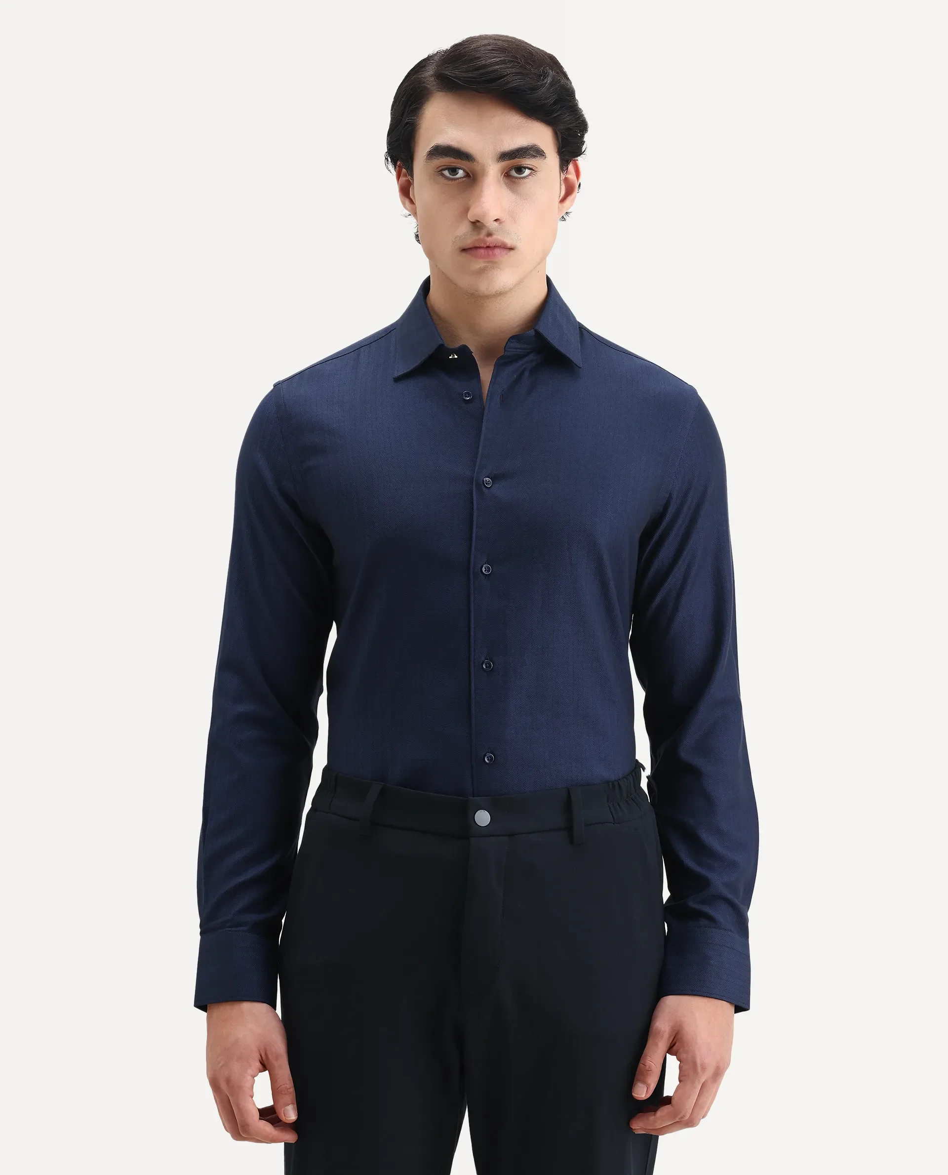Rare Rabbit Men's Fargo Dark Navy Cotton Plain Regular Fit Full Sleeve Collared Shirt - Image 6