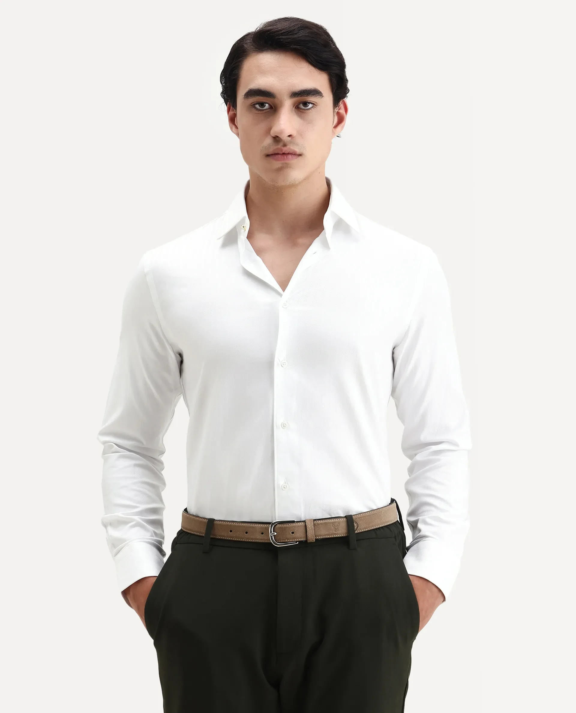 Rare Rabbit Men's Fargo White Cotton Plain Regular Fit Full Sleeve Collared Shirt