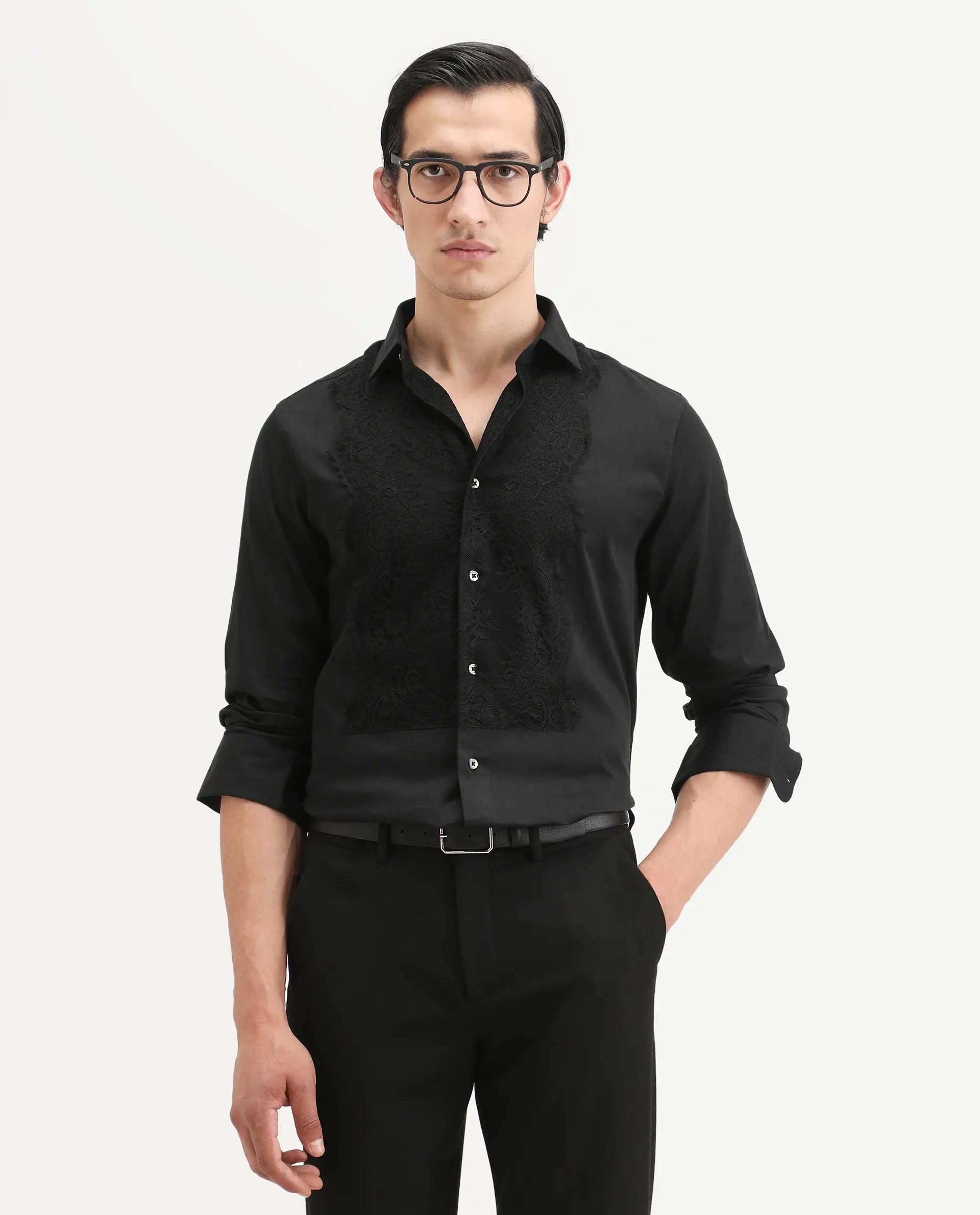 Rare Rabbit Men's Faro-2 Black Cotton Embroidered Regular Fit Full Sleeve Collared Shirt