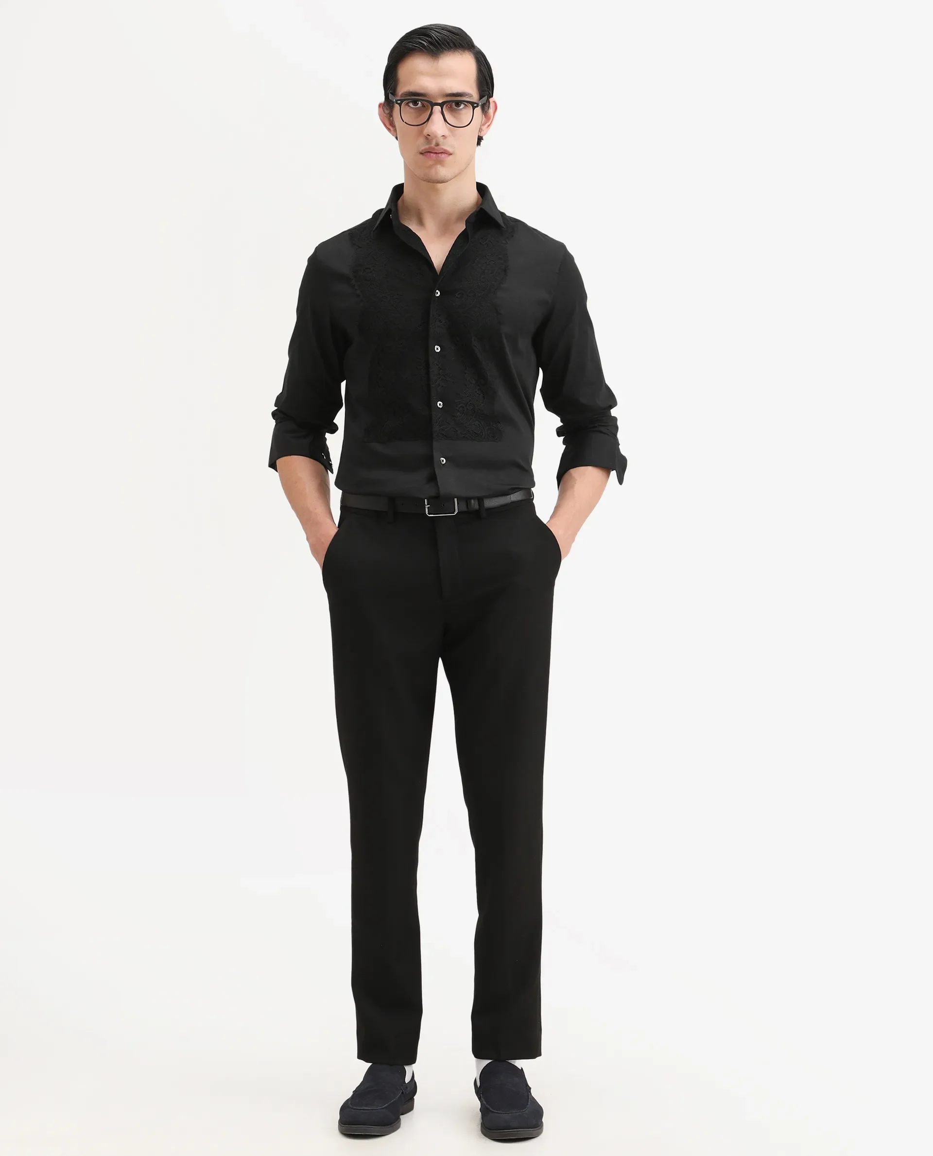 Rare Rabbit Men's Faro-2 Black Cotton Embroidered Regular Fit Full Sleeve Collared Shirt - Image 2