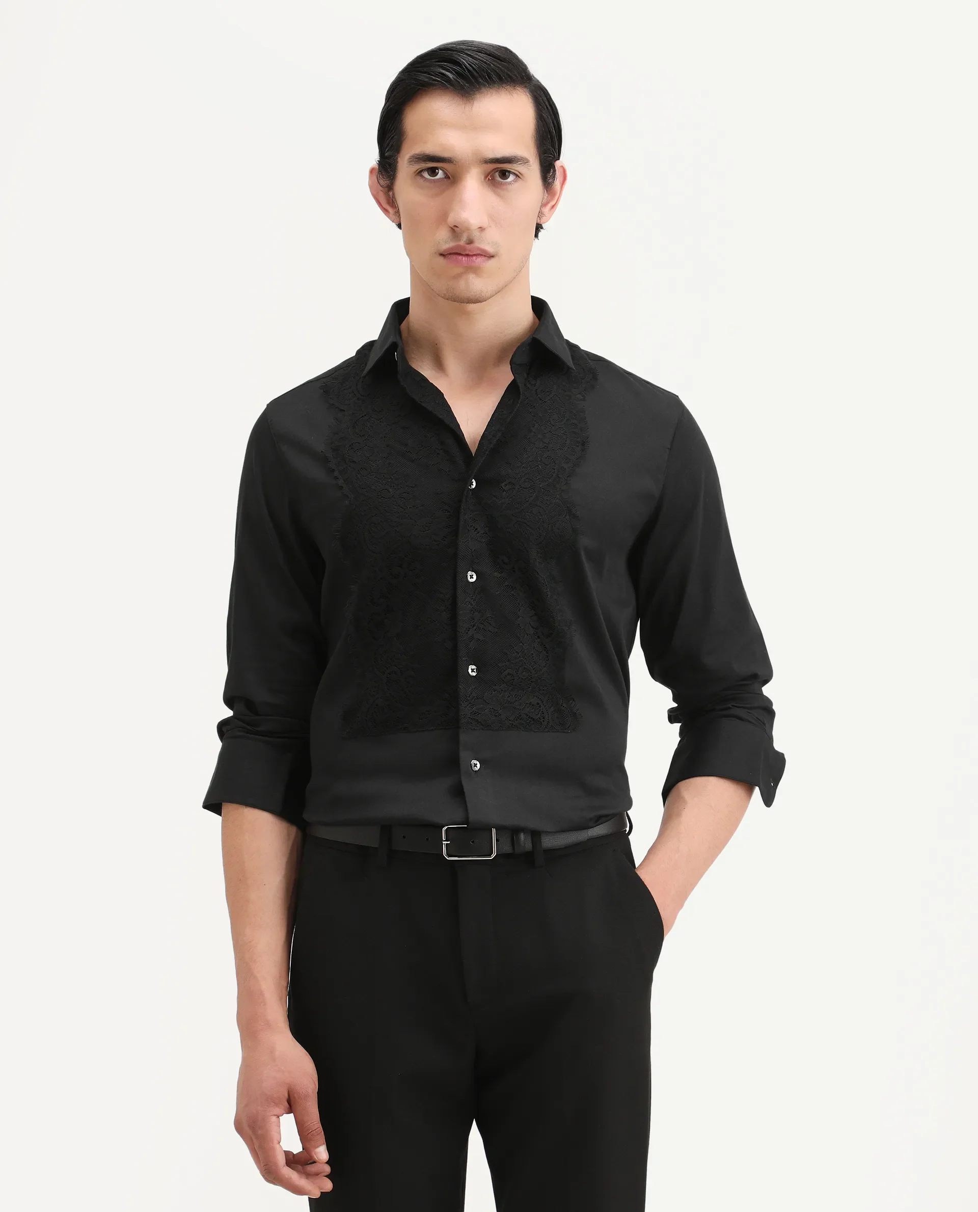 Rare Rabbit Men's Faro-2 Black Cotton Embroidered Regular Fit Full Sleeve Collared Shirt - Image 3