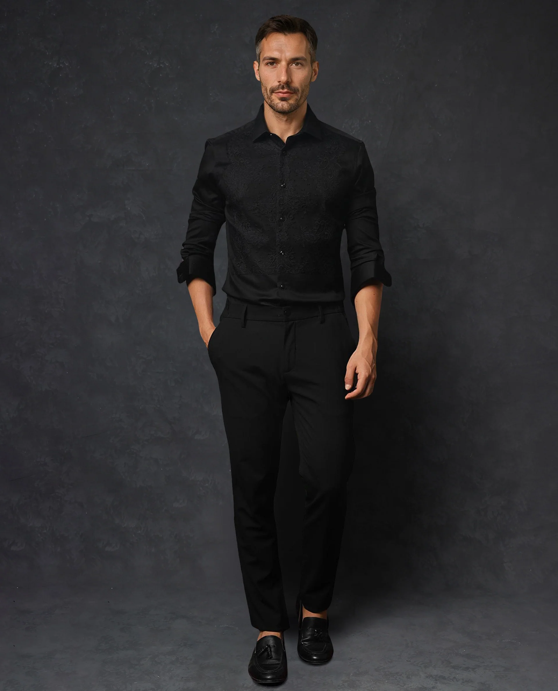 Rare Rabbit Men's Faro Black Cotton Embroidered Regular Fit Full Sleeve Spread Collar Shirt - Image 2