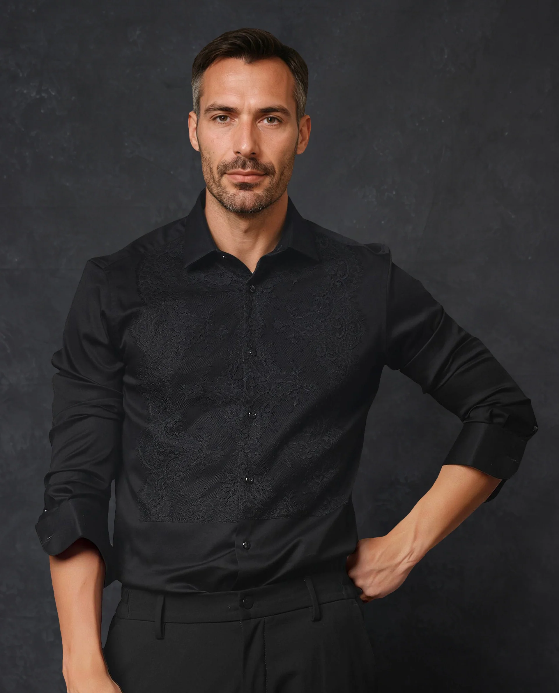 Rare Rabbit Men's Faro Black Cotton Embroidered Regular Fit Full Sleeve Spread Collar Shirt - Image 3