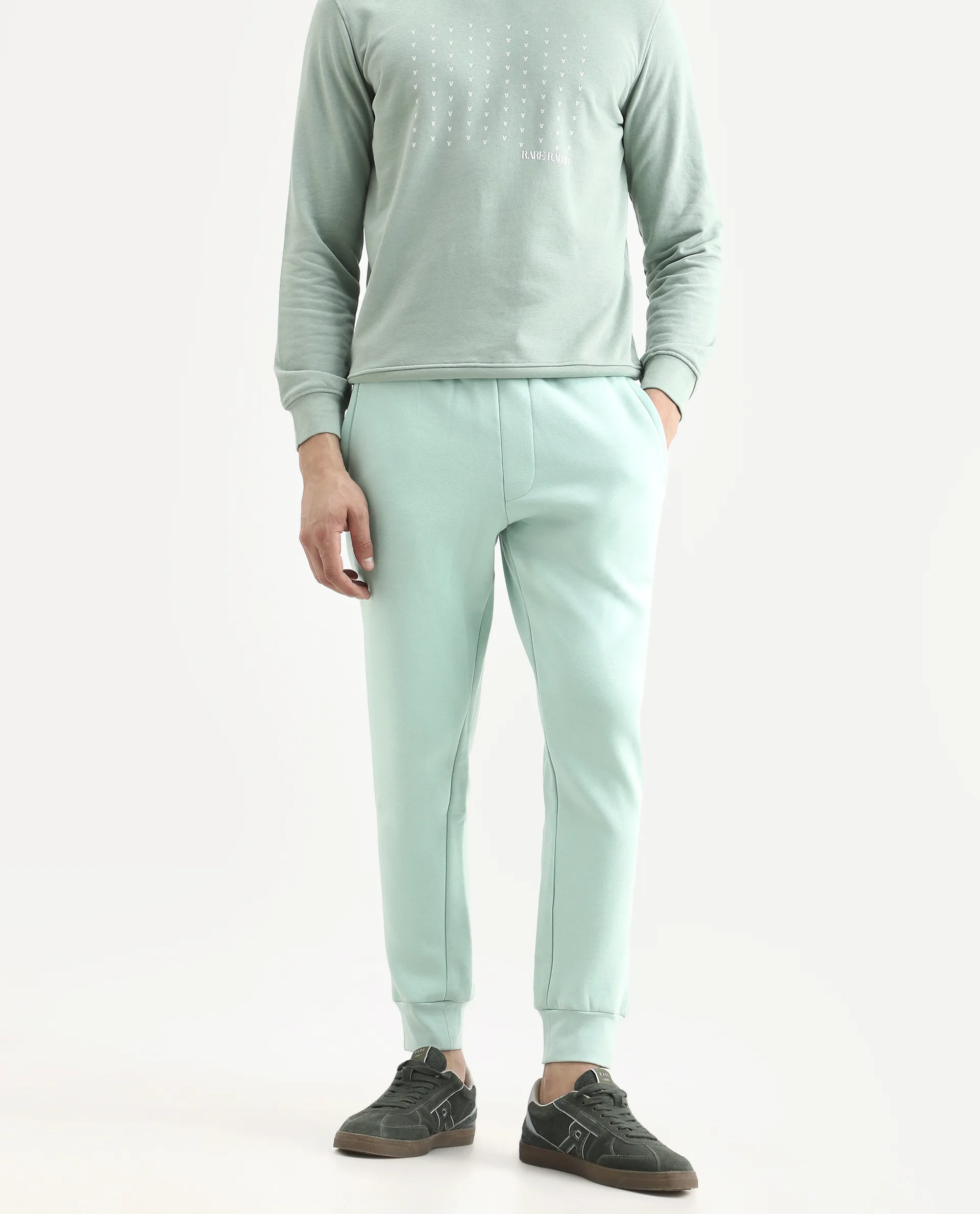Rare Rabbit Men's Faroe Light Green Cotton Plain Regular Fit Joggers - Image 2
