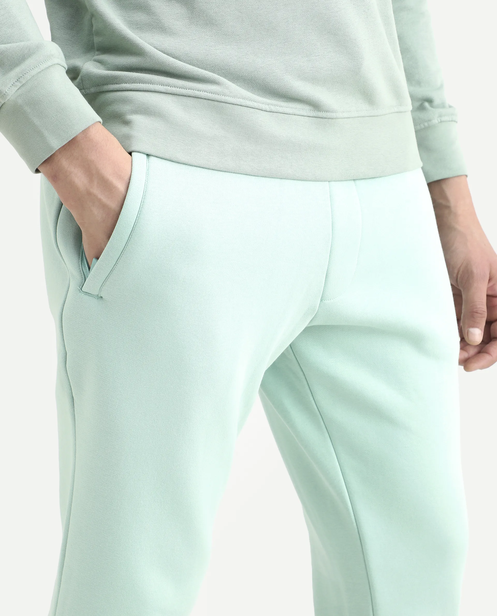 Rare Rabbit Men's Faroe Light Green Cotton Plain Regular Fit Joggers - Image 3