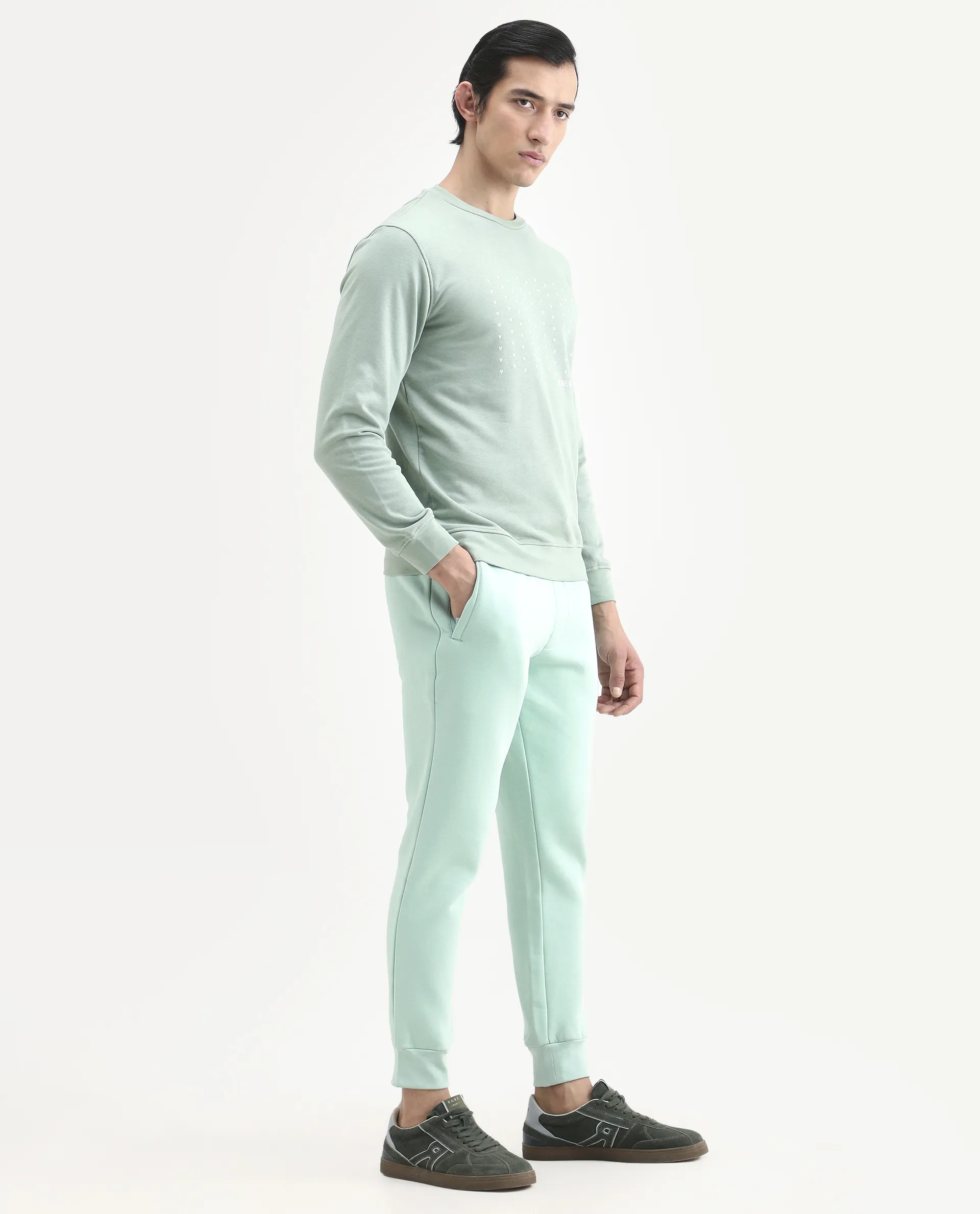 Rare Rabbit Men's Faroe Light Green Cotton Plain Regular Fit Joggers - Image 4