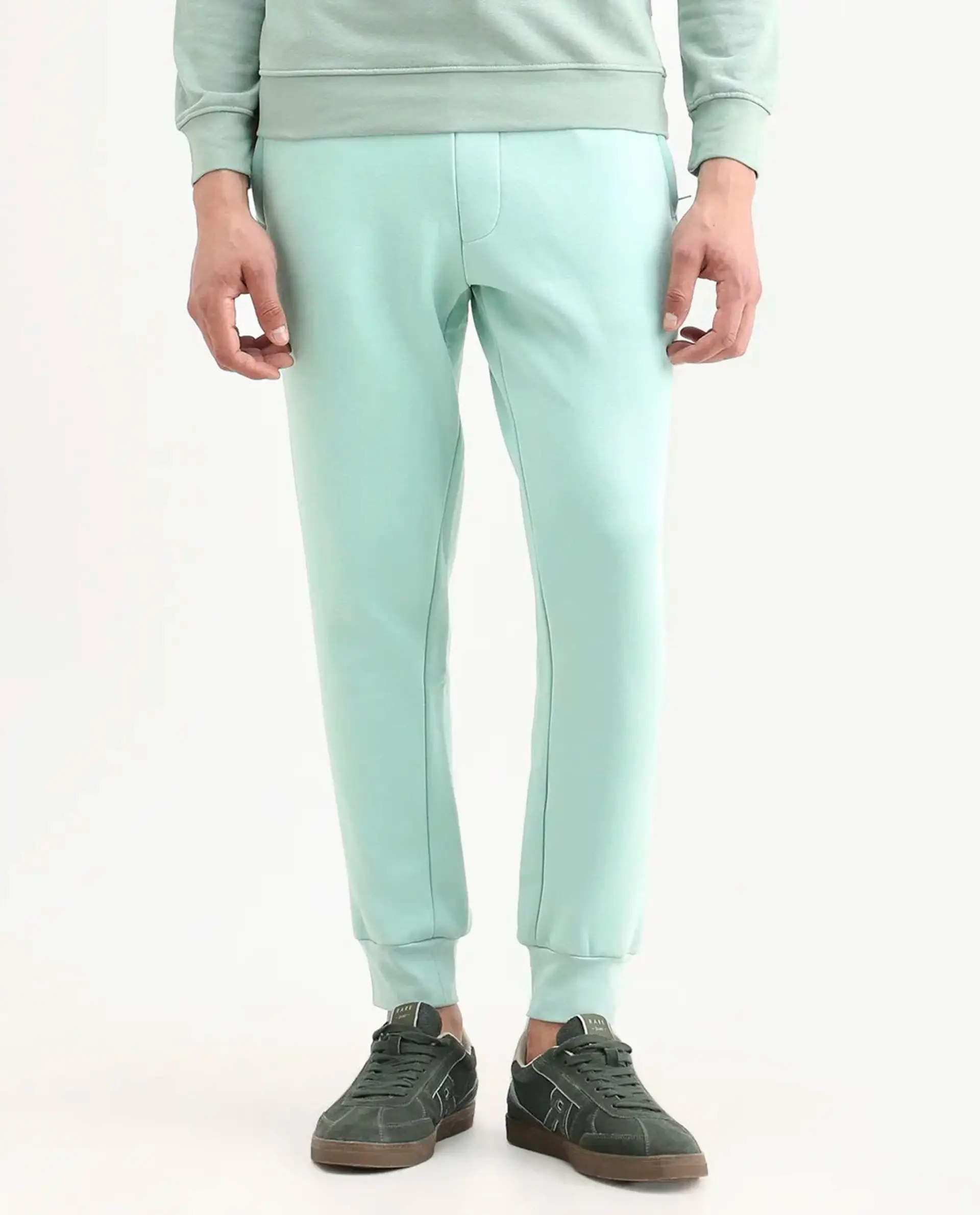 Rare Rabbit Men's Faroe Light Green Cotton Plain Regular Fit Joggers - Image 8