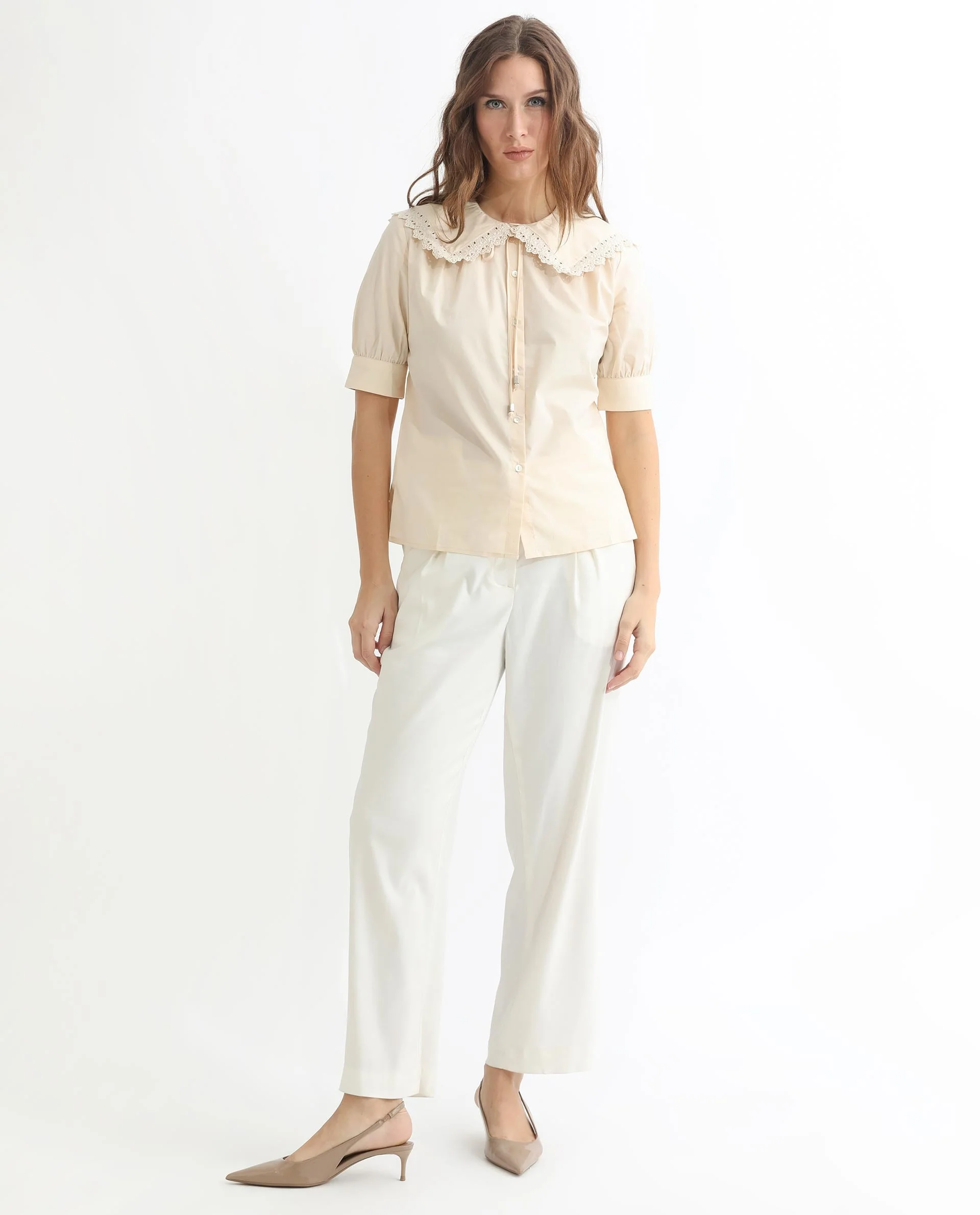 Rareism Women's Farse Beige Polyester Spread Collar Plain Puff Sleeves Regular Fit Top - Image 10