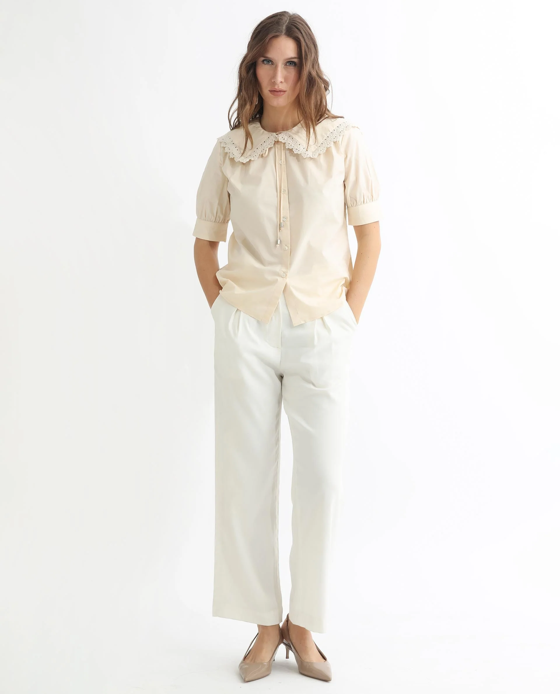 Rareism Women's Farse Beige Polyester Spread Collar Plain Puff Sleeves Regular Fit Top - Image 11