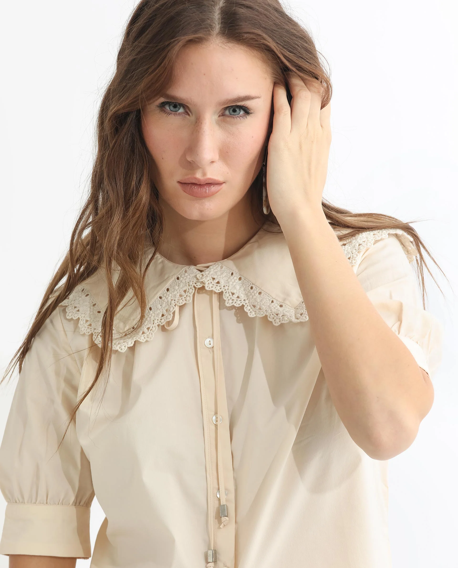 Rareism Women's Farse Beige Polyester Spread Collar Plain Puff Sleeves Regular Fit Top - Image 12