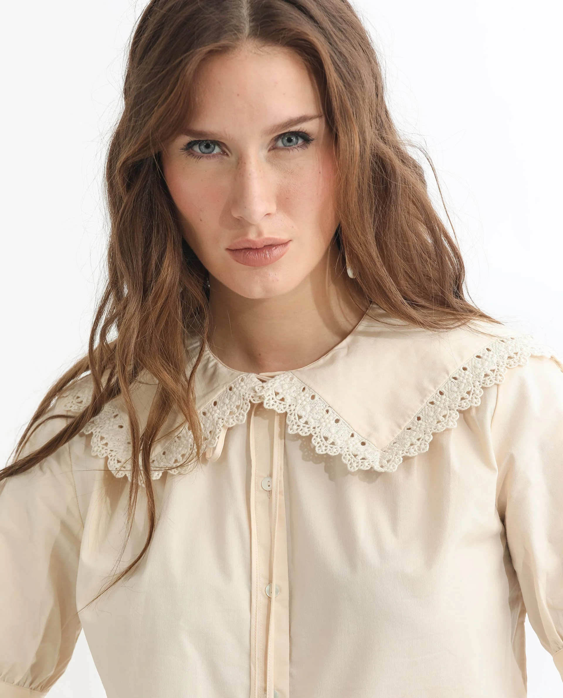 Rareism Women's Farse Beige Polyester Spread Collar Plain Puff Sleeves Regular Fit Top - Image 13