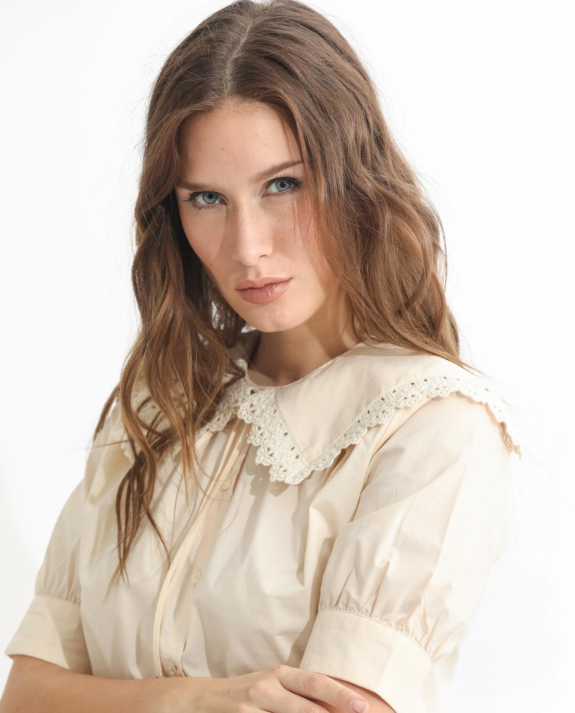 Rareism Women's Farse Beige Polyester Spread Collar Plain Puff Sleeves Regular Fit Top - Image 15