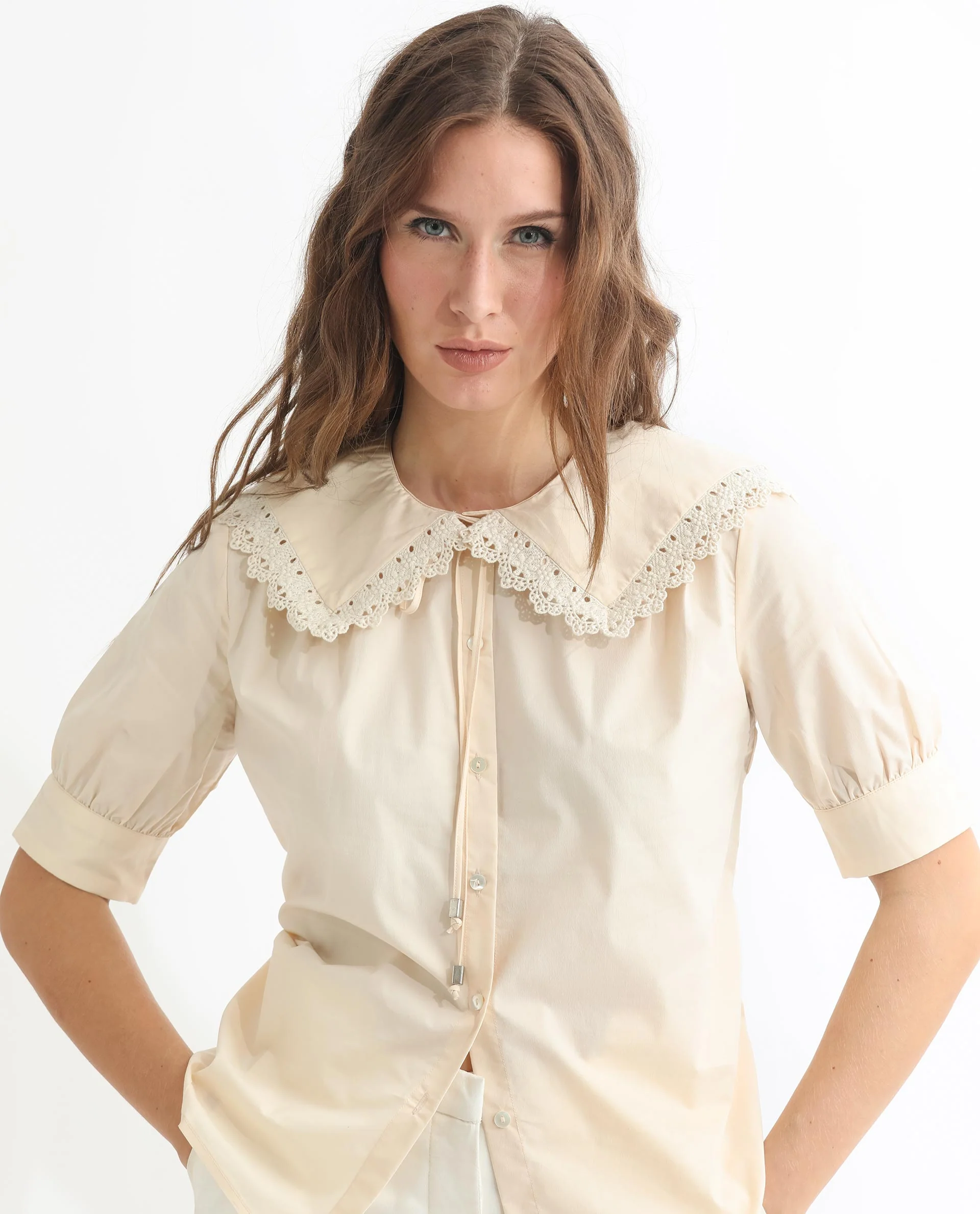 Rareism Women's Farse Beige Polyester Spread Collar Plain Puff Sleeves Regular Fit Top - Image 16